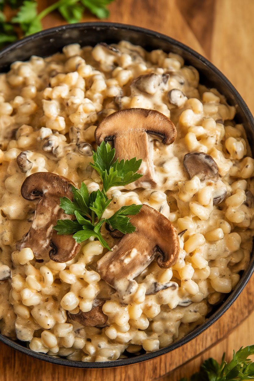 Indoor photo of creamy barley and mushroom stroganoff garnished with parsley, no text or logos