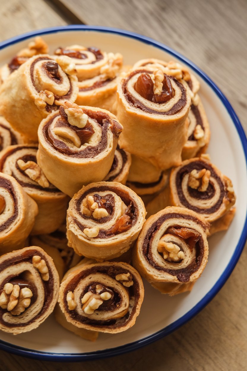 Crescent-rolled rugelach cookies showing swirls of chopped dates and walnuts, neatly arranged on an indoor ceramic platter. No text or logos.