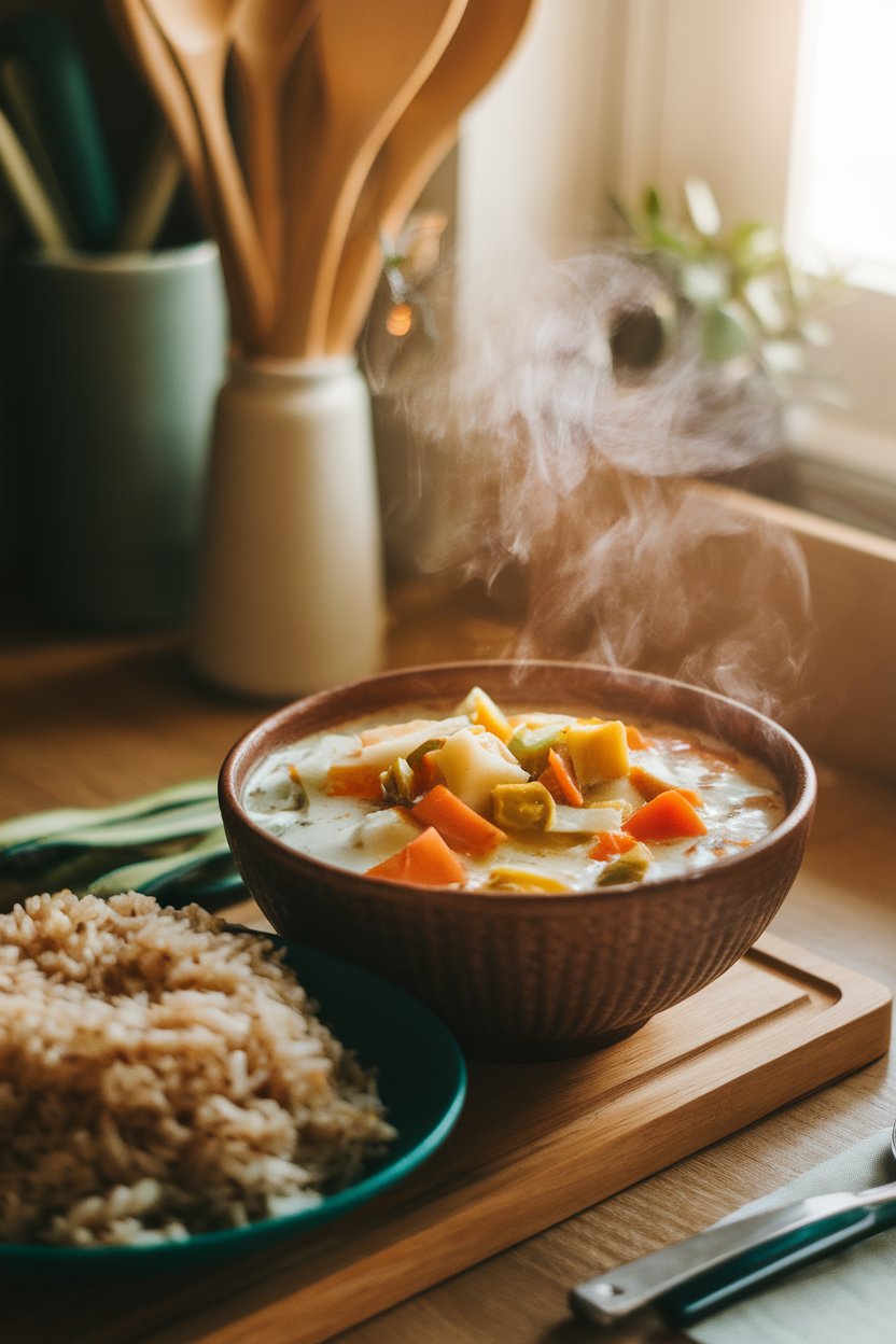 A warmly lit indoor setting highlighting a steaming bowl of coconut curry with mixed vegetables and brown rice on the side; no text or logos. Photo only.