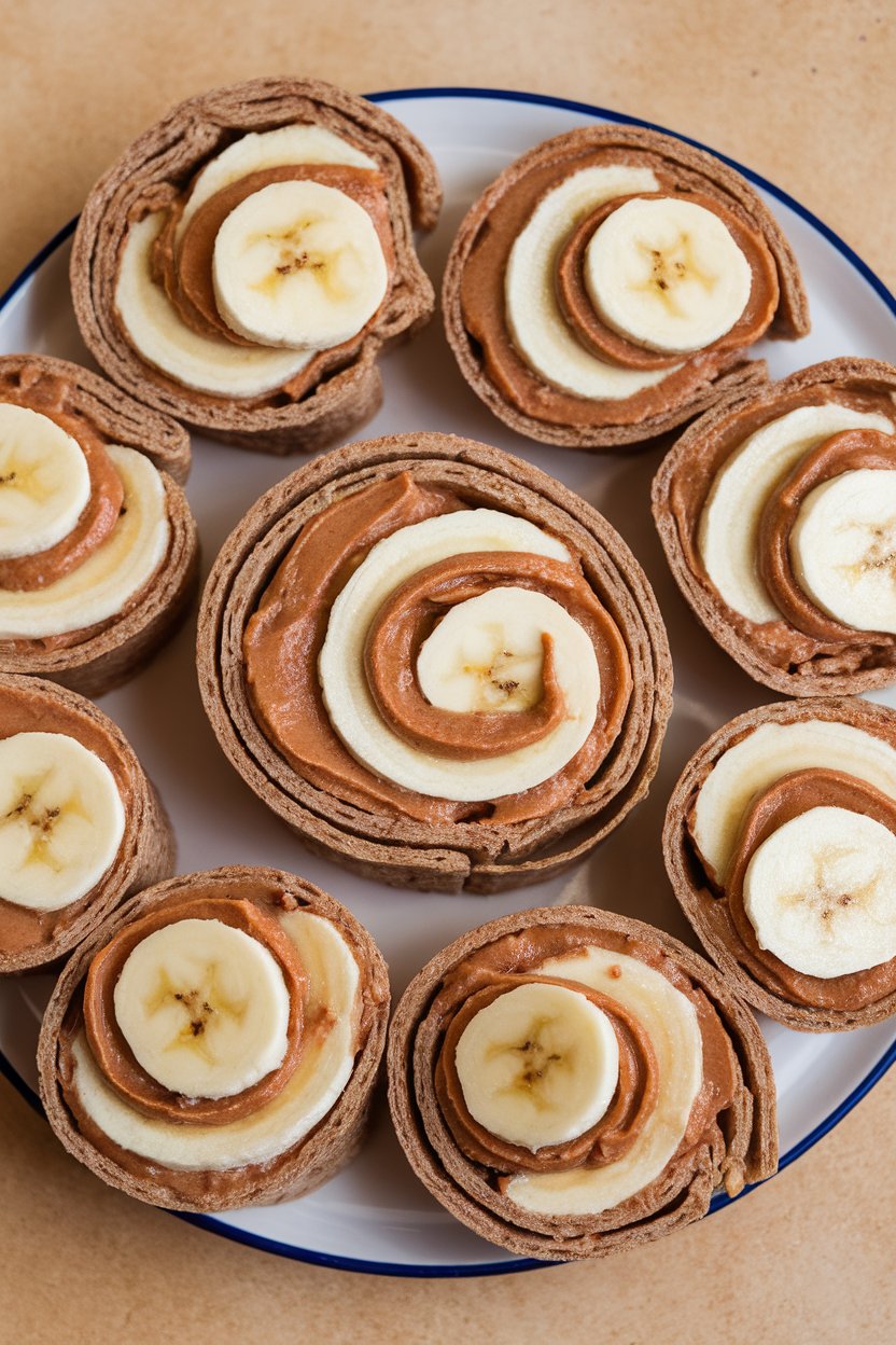 An indoor plate of whole-grain wrap wheels showing spirals of almond butter and banana slices; no text or logos.