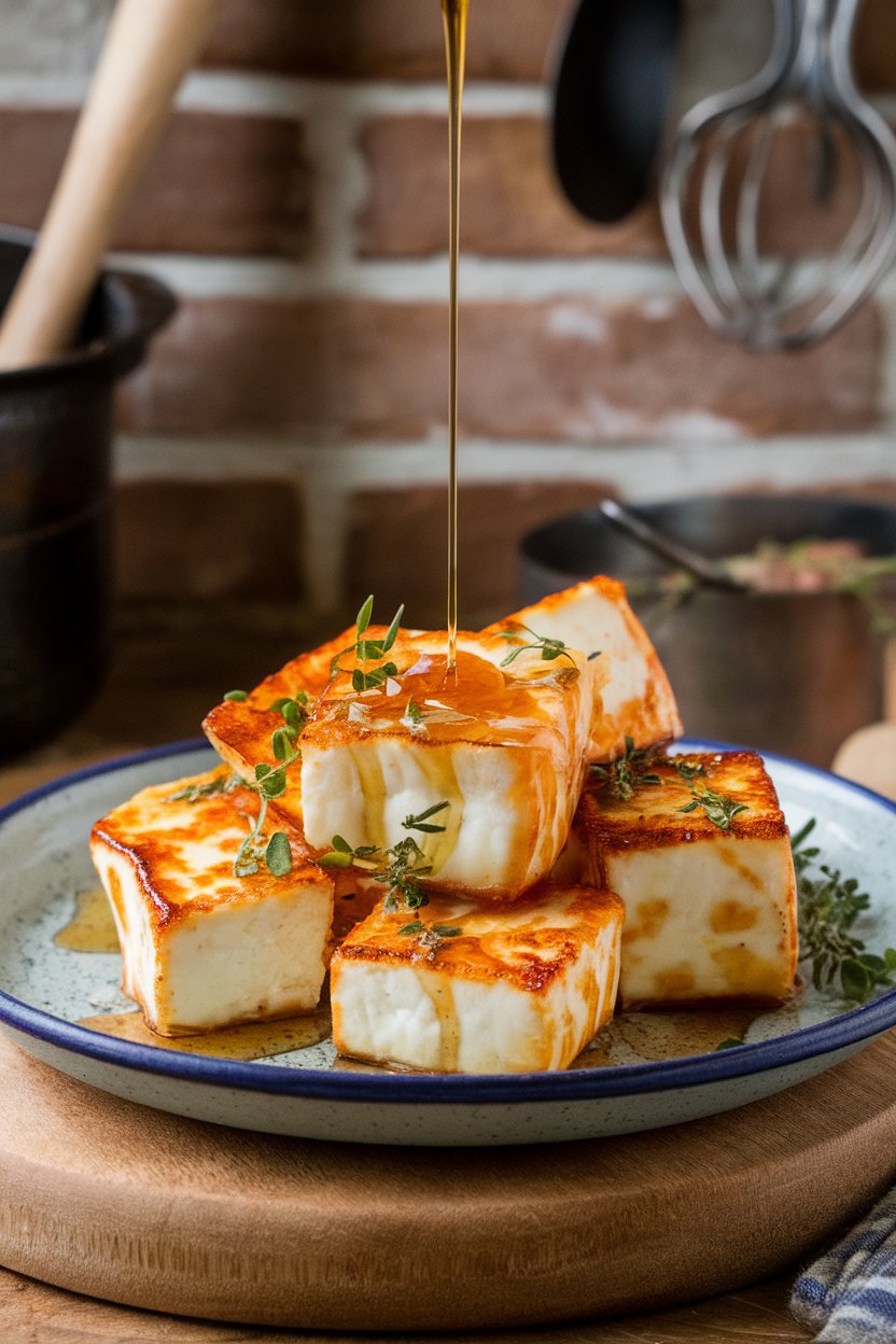 Golden seared halloumi cubes drizzled with honey on an indoor ceramic plate, herbs sprinkled. No text or logos. Photo.