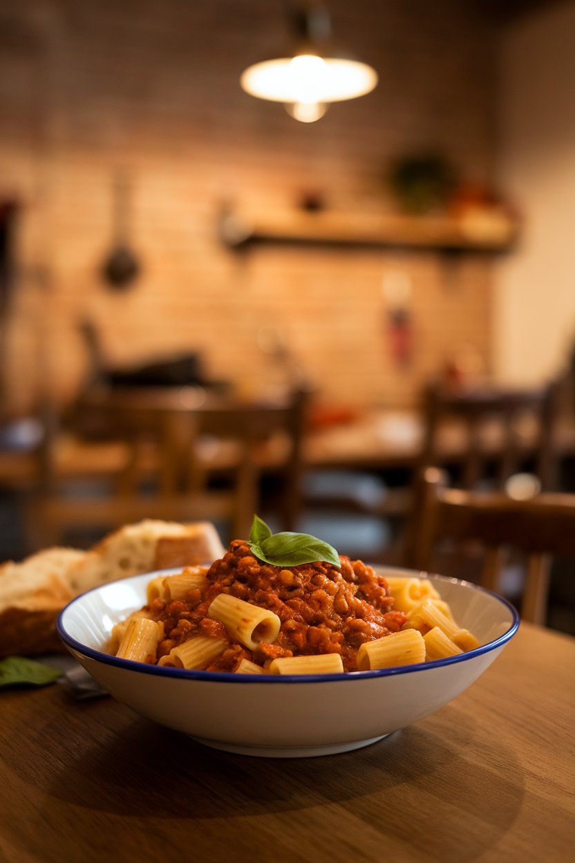 Warmly lit indoor image of rigatoni coated in a thick, hearty lentil tomato sauce, garnished with basil leaves. No text or logos.