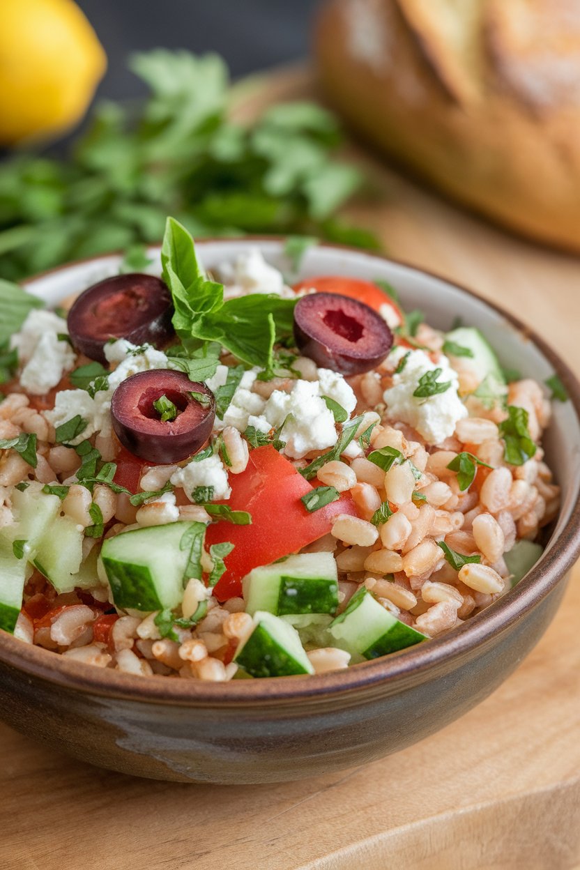 An indoor salad bowl featuring cooked farro, diced cucumber, tomato, olives, and feta, herbs sprinkled across. No logos or text. Photo.