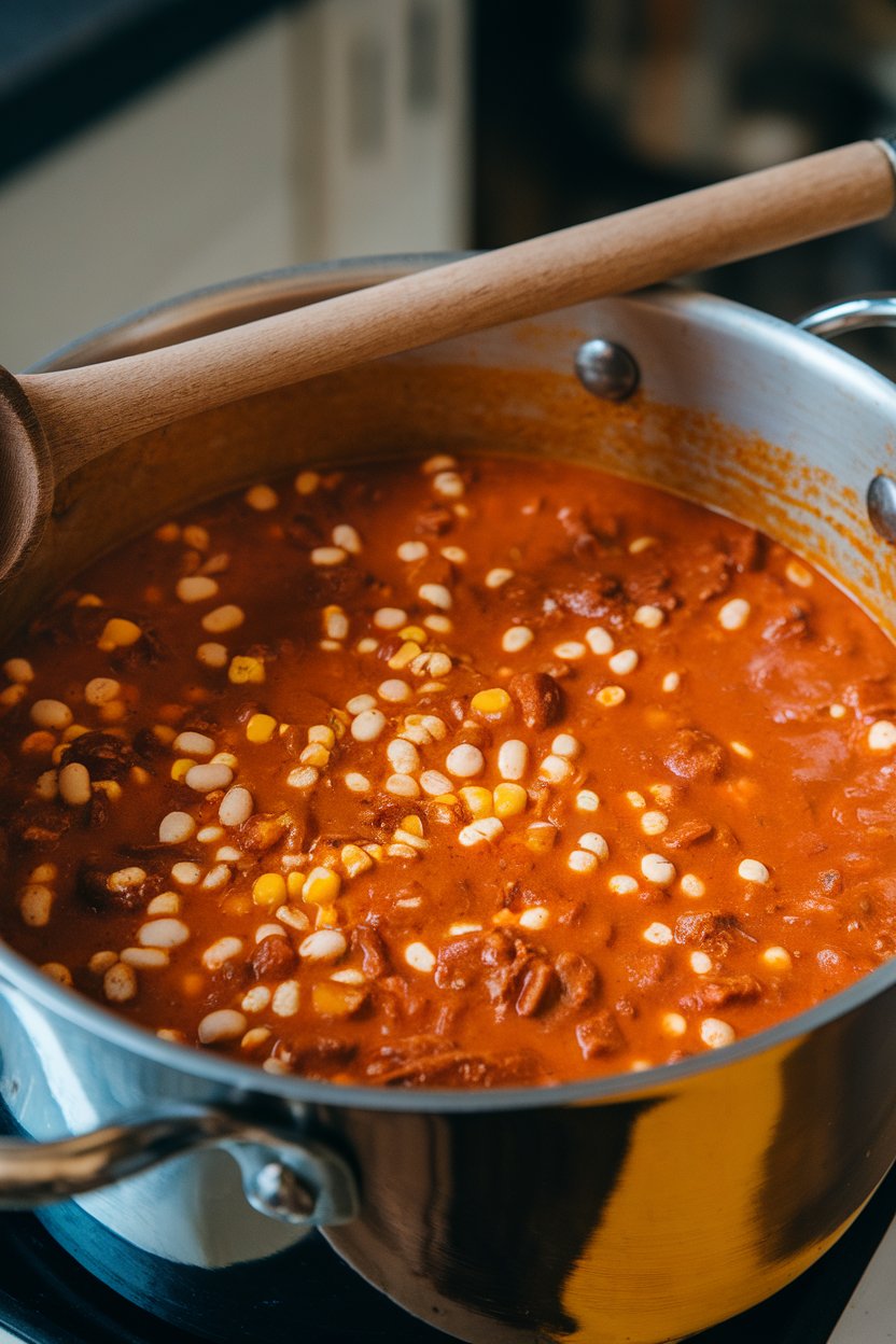 A stew pot indoors containing thick orange chili dotted with white beans and corn, ladle resting on the rim; photo only, no text or logos.