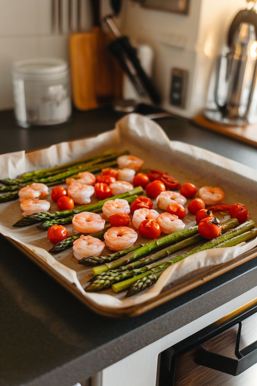 A parchment-lined sheet pan on a kitchen island displaying cooked shrimp, asparagus spears, and cherry tomatoes glistening with olive oil; indoor lighting; no text or logos; photo.