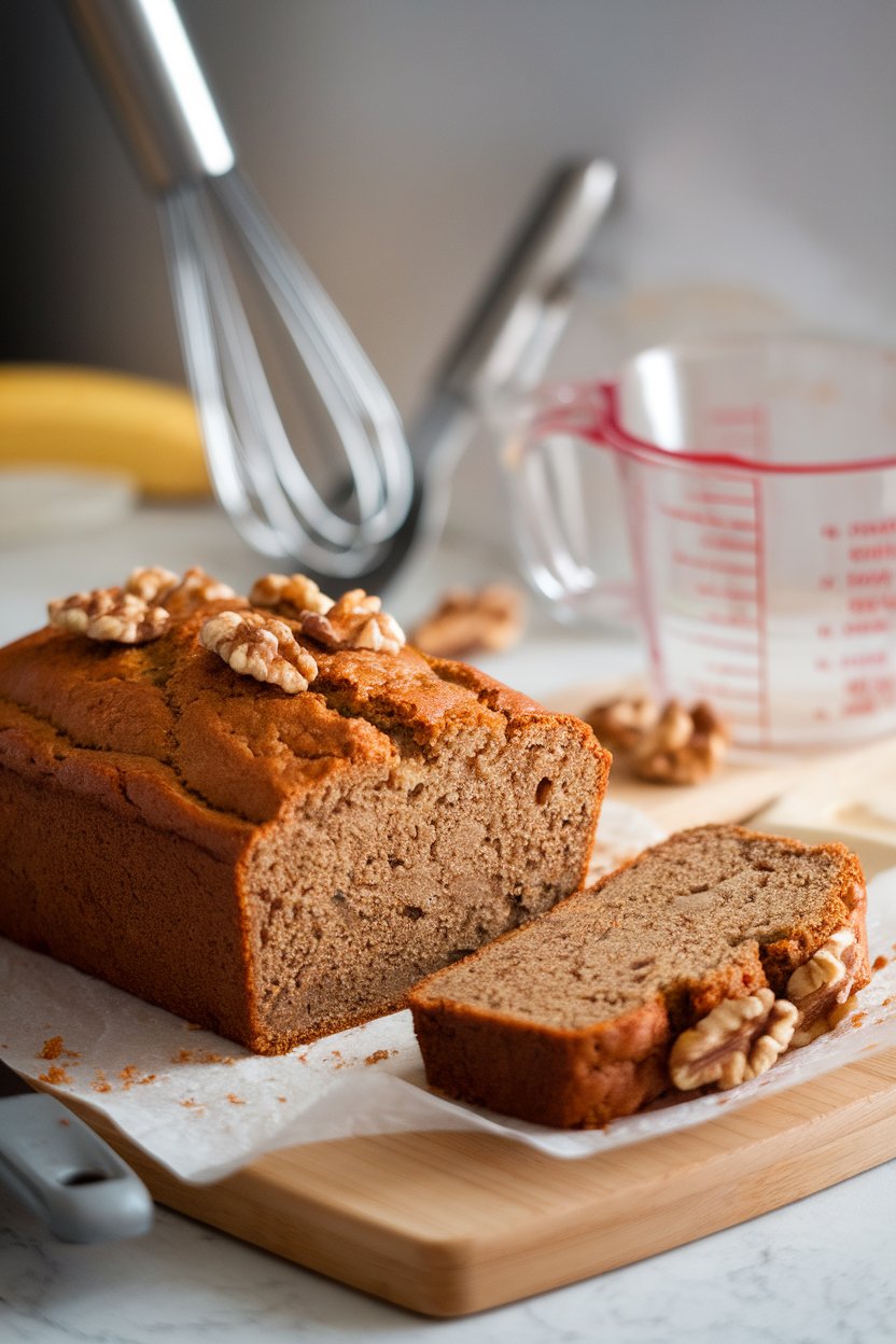 Indoor cutting board with a loaf of almond flour banana bread, one slice slightly askew. No text or logos; photo.