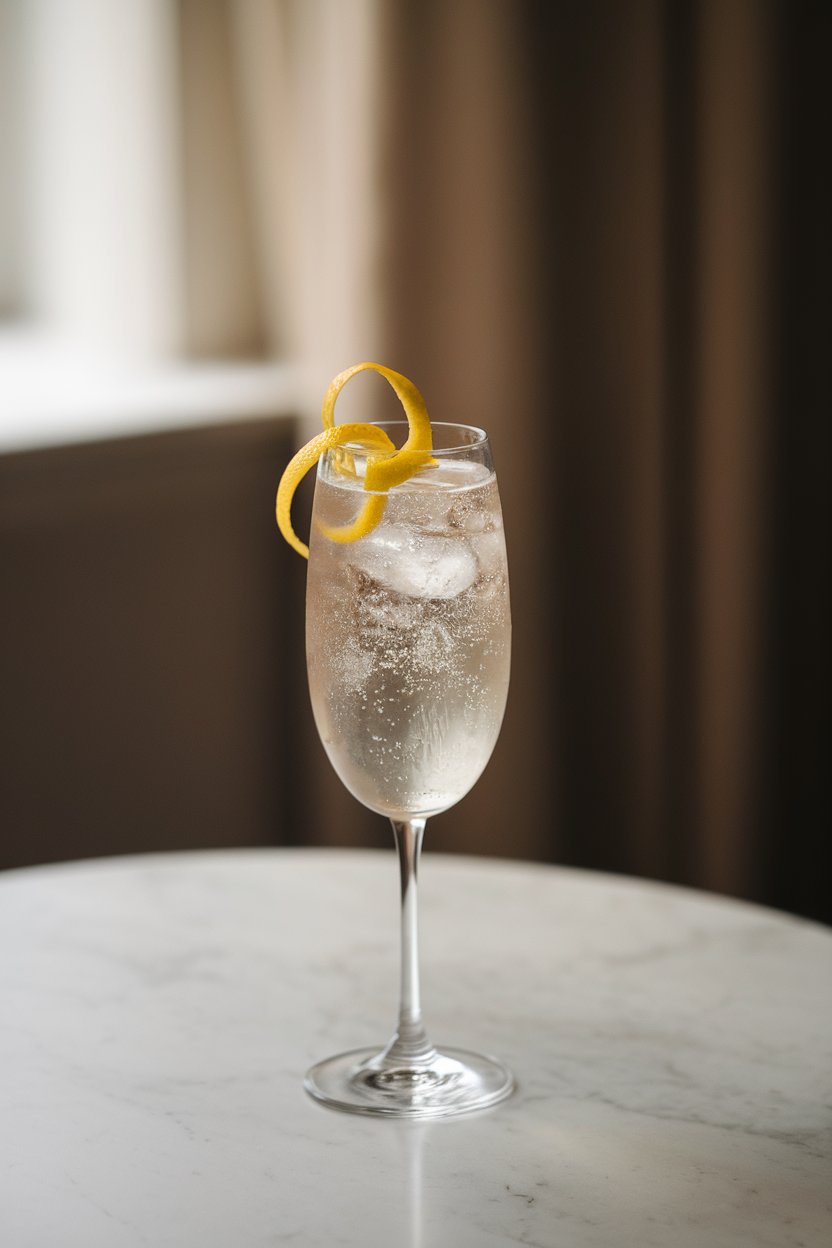 A softly lit indoor tabletop featuring a tall flute of pale, sparkling French 75 garnished with a thin lemon spiral. No text or logos in sight.