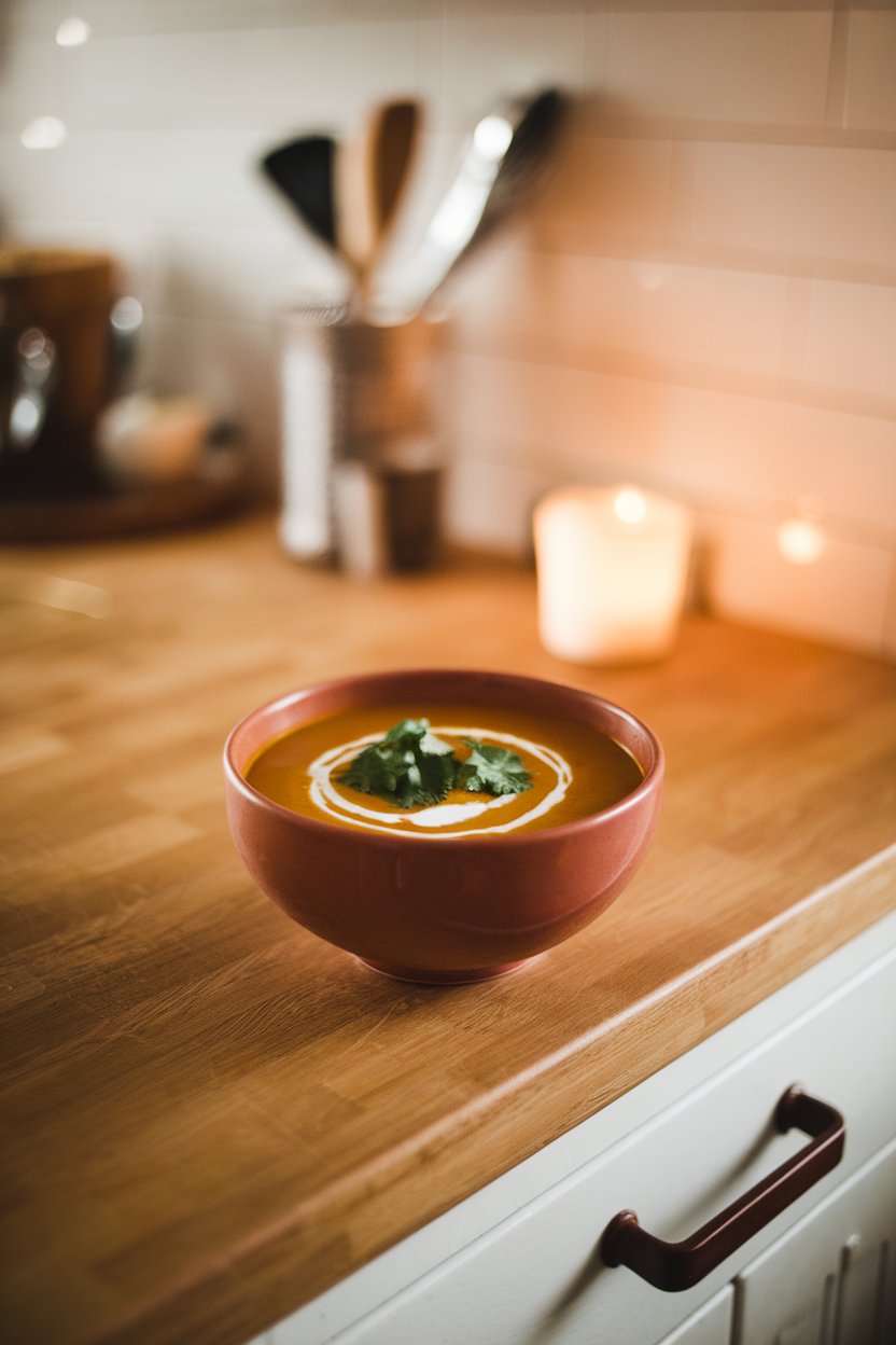 Indoor counter with a bowl of velvety pumpkin soup topped with coconut cream swirl and cilantro leaves. No logos or text; photo only.