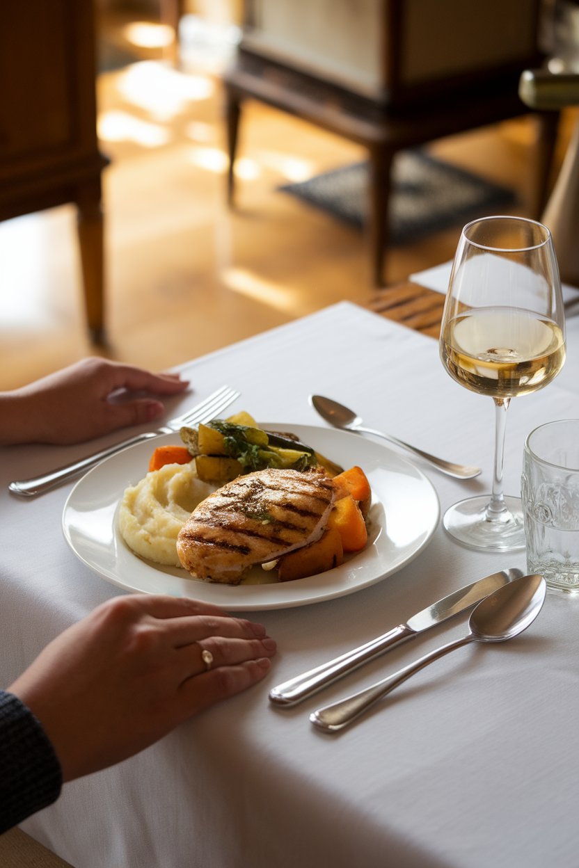 Photo — A person’s hands resting on a dining table beside a neatly plated meal, no phone in sight. Soft indoor lighting, no text or logos.