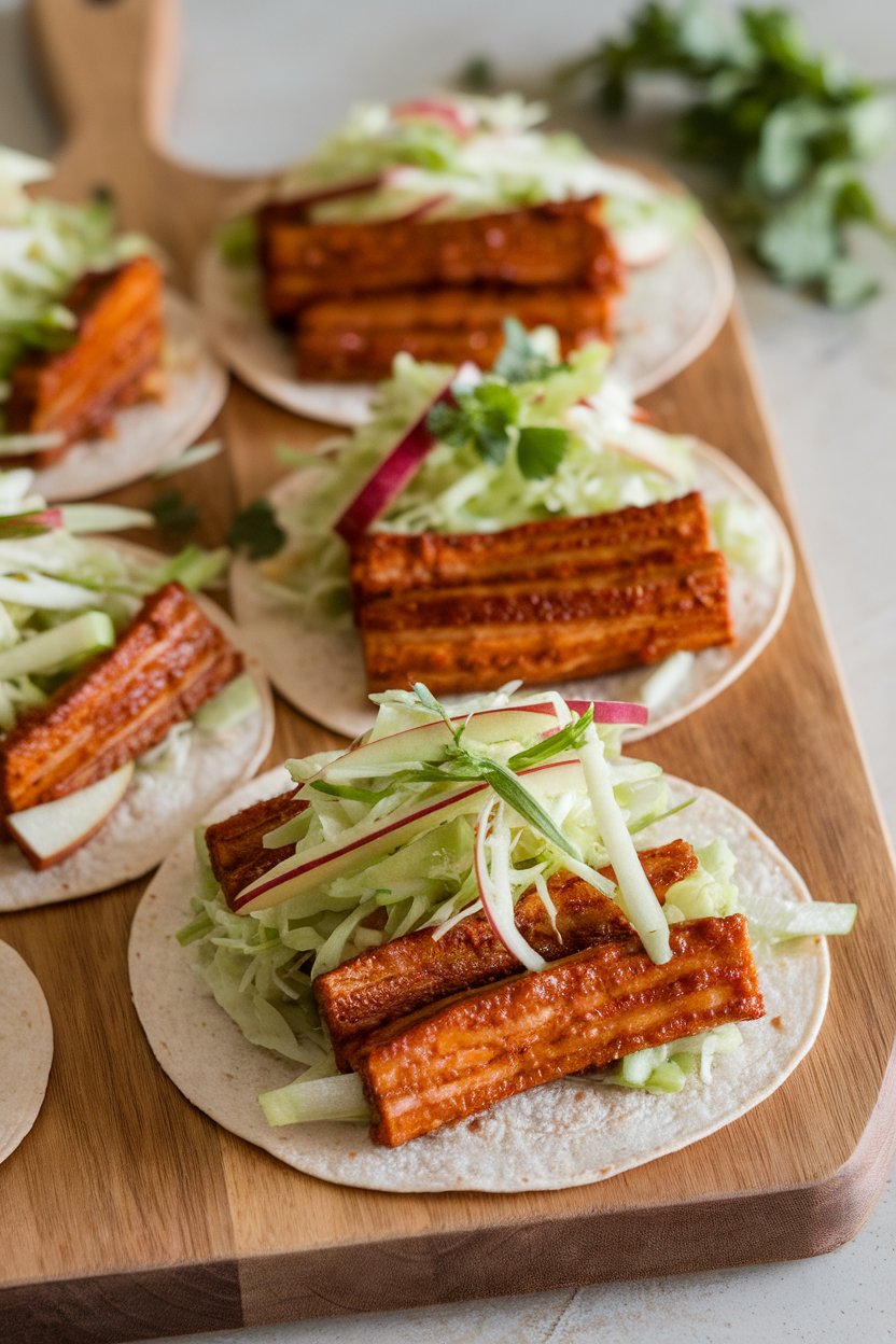 Photo of indoor platter featuring maple-dijon glazed tempeh strips in tortillas with apple slaw. No text or logos.