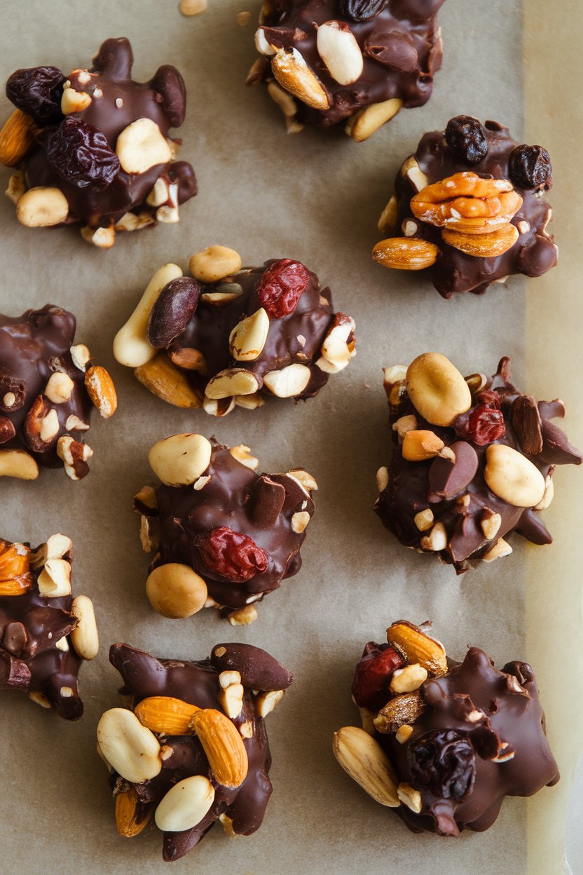 Indoor photo of irregular clusters of nuts, seeds, and dried fruit bound together by melted dark chocolate, cooling on parchment. No text or logos.
