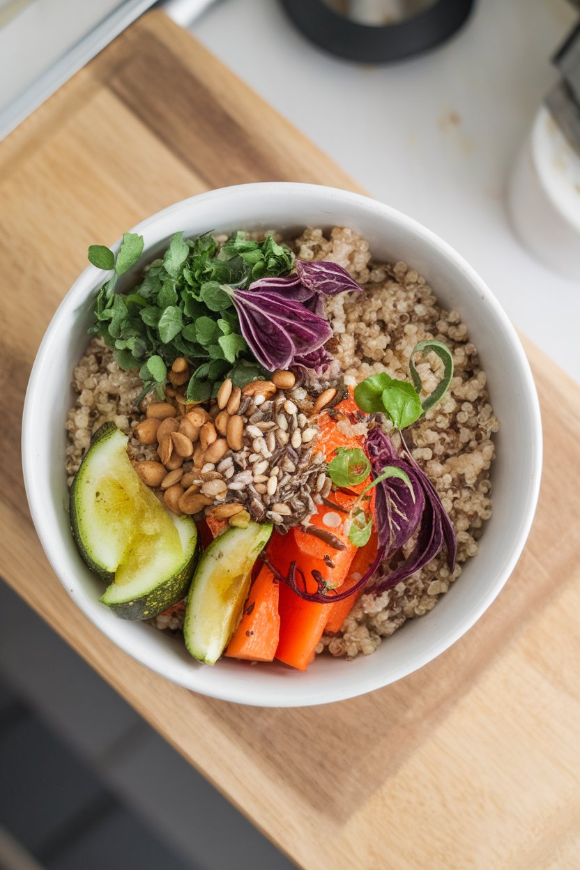 Indoor overhead photo of a grain bowl showing one part quinoa, two parts roasted veggie mix, and three flavor boosters like herbs, seeds, and vinaigrette. Soft light, no text or logos.