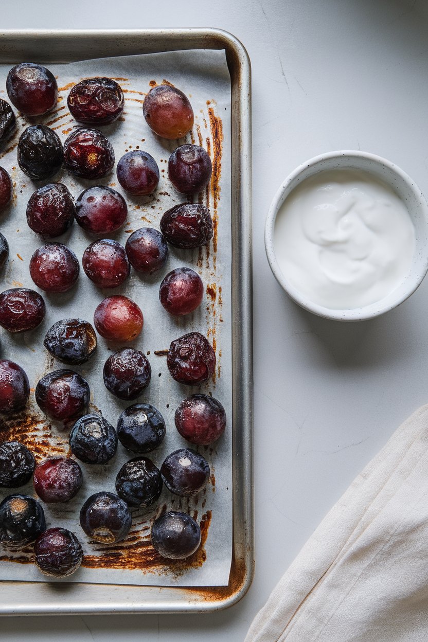 An indoor baking sheet holding blistered grapes next to a bowl of yogurt, photo, no text or logos.