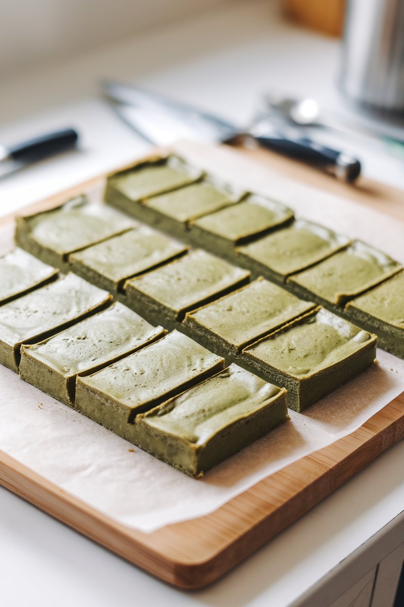 Indoor cutting board with rectangular green matcha protein bars, edges cleanly sliced, parchment underneath. No logos or text.