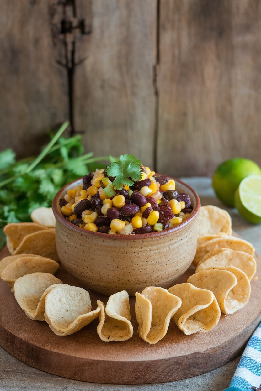 An indoor serving bowl filled with chunky black bean and corn salsa, surrounded by small baked tortilla scoops. No logos or text.