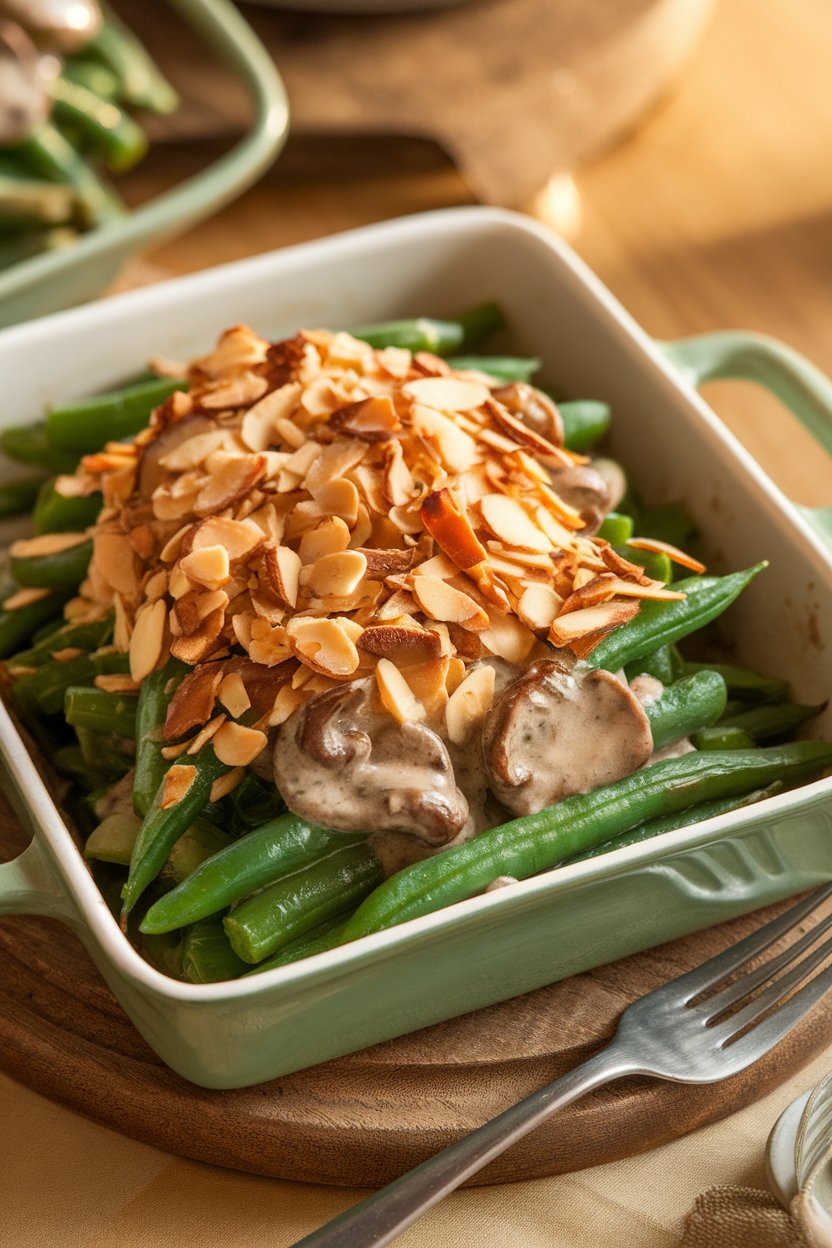 A casserole indoors showing green beans in light mushroom sauce topped with toasted almond flakes; no text or logos, photo only
