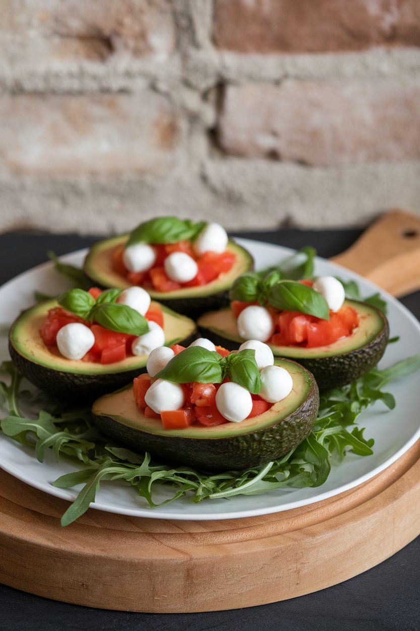 Indoor appetizer plate showing halved avocados filled with diced tomato, fresh mozzarella pearls, and basil chiffonade. No text or logos; photo.