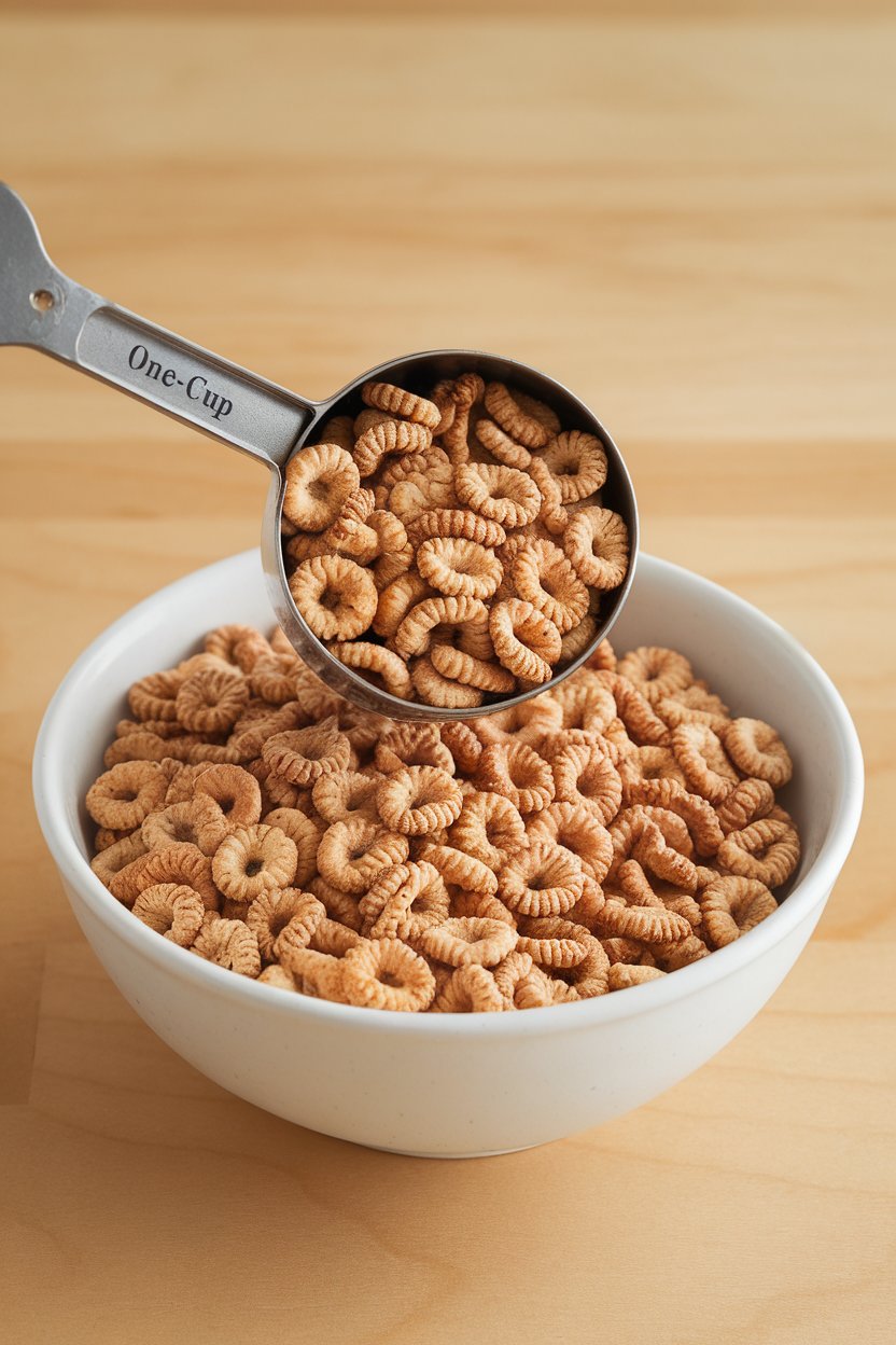 Indoor close-up of a one-cup measure scooping whole-grain cereal into a bowl. Bright kitchen lighting, no text or logos.