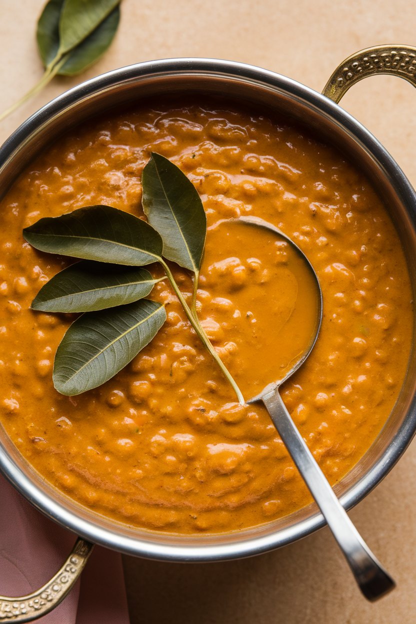 Indoor food photo of thick orange dal in a metal serving dish with a small ladle; curry leaves on top, no text or logos.