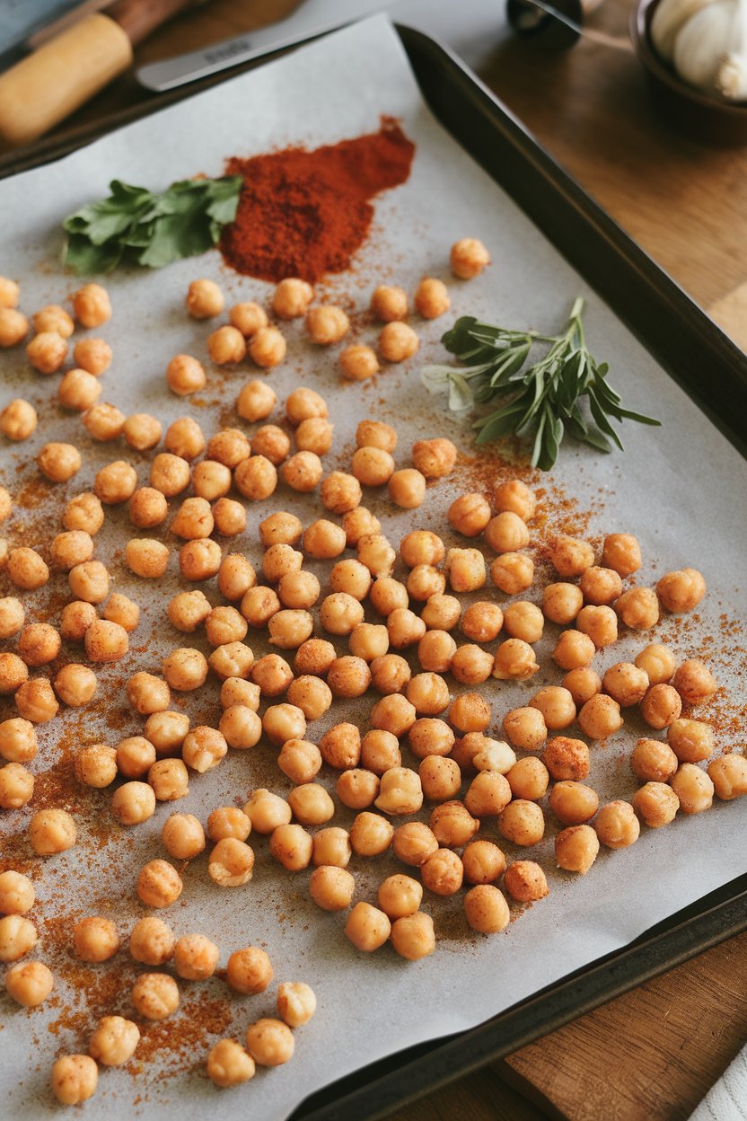 Indoor baking sheet lined with roasted chickpeas seasoned with paprika and garlic, slightly golden. No text or logos; photo.