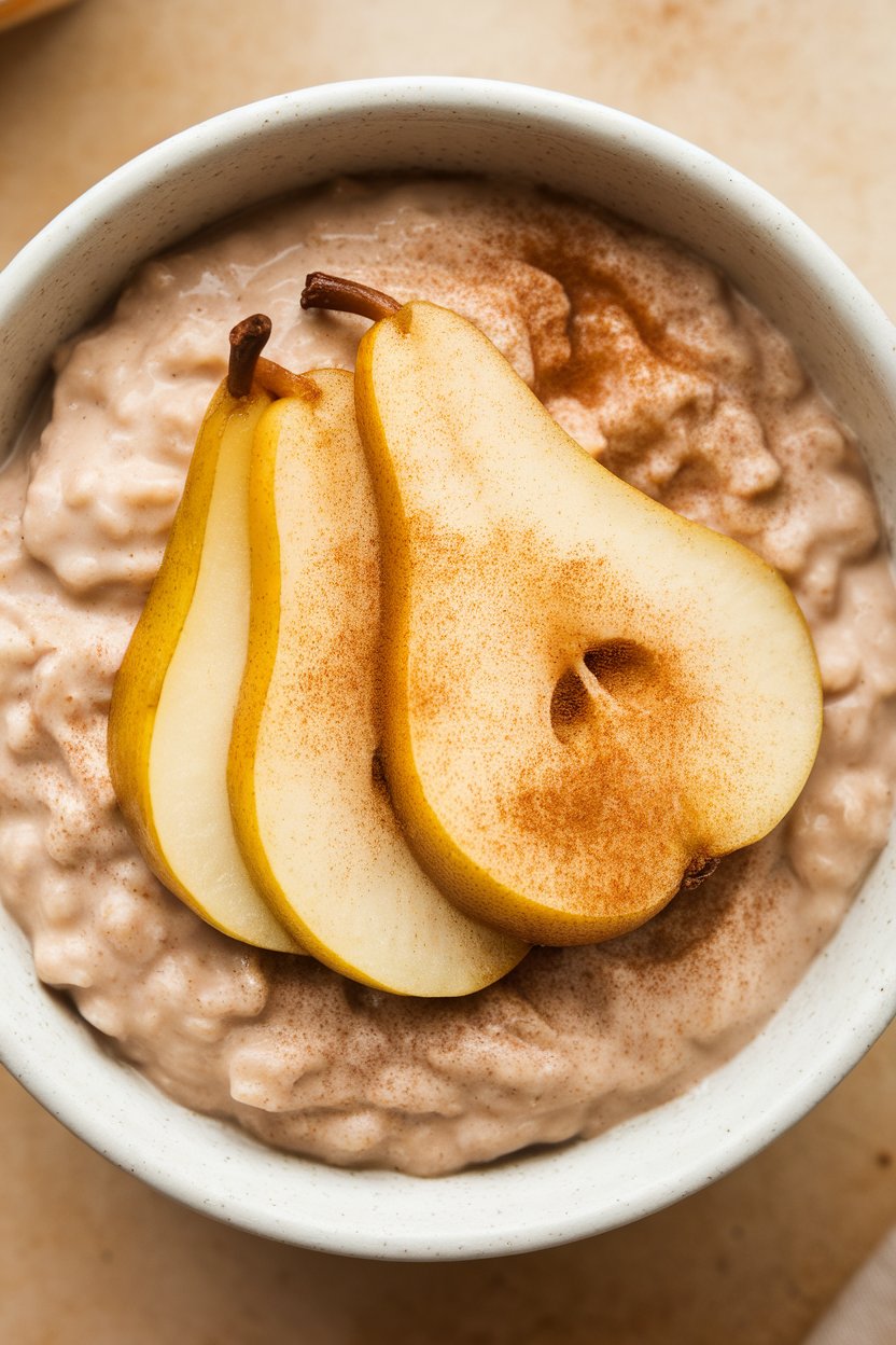 Indoor photo of creamy oats topped with poached pear slices and cinnamon dust, no text or logos