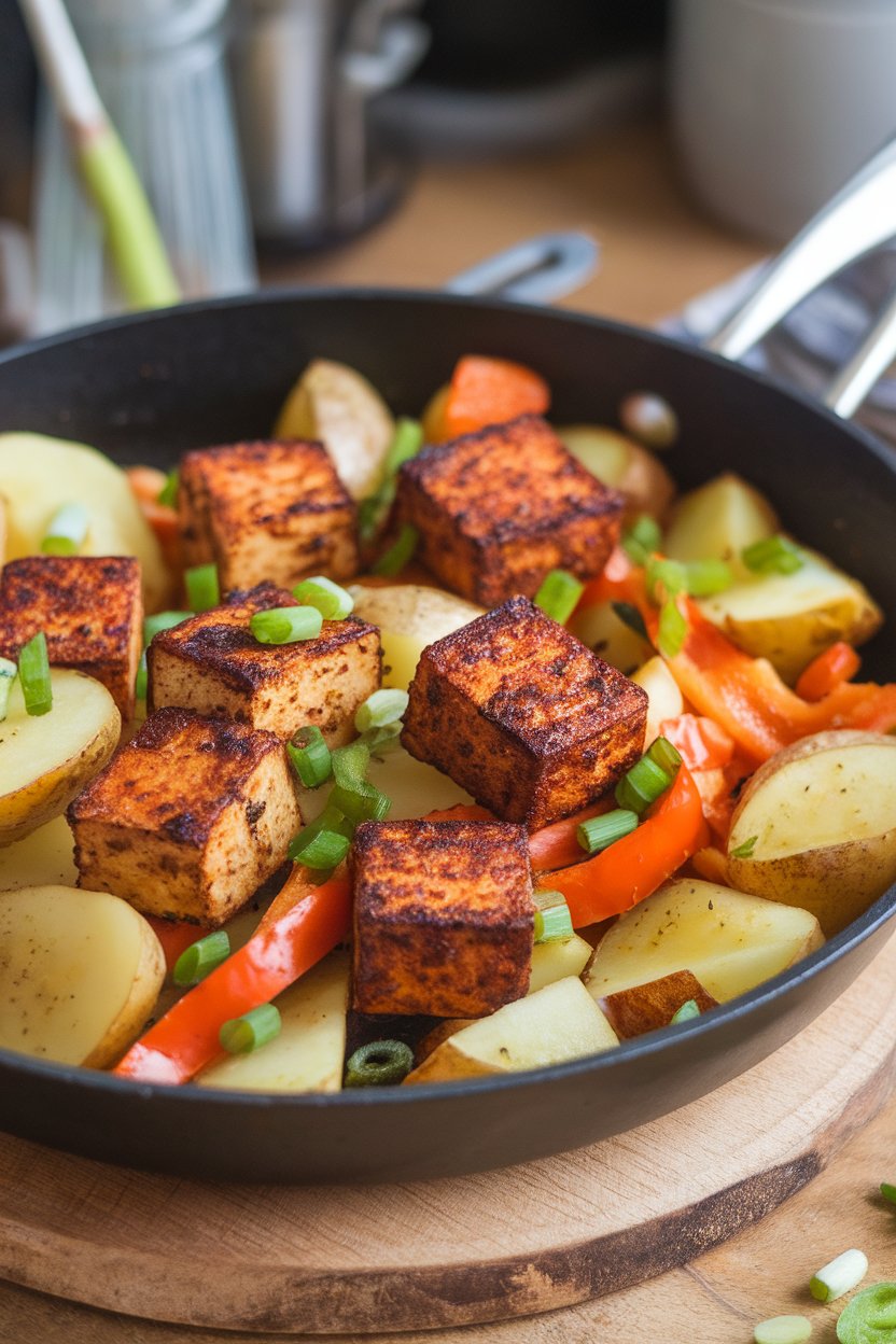 An indoor skillet filled with diced potatoes, bell peppers, and browned tempeh cubes, garnished with green onions. No text or logos; photo, not illustration.