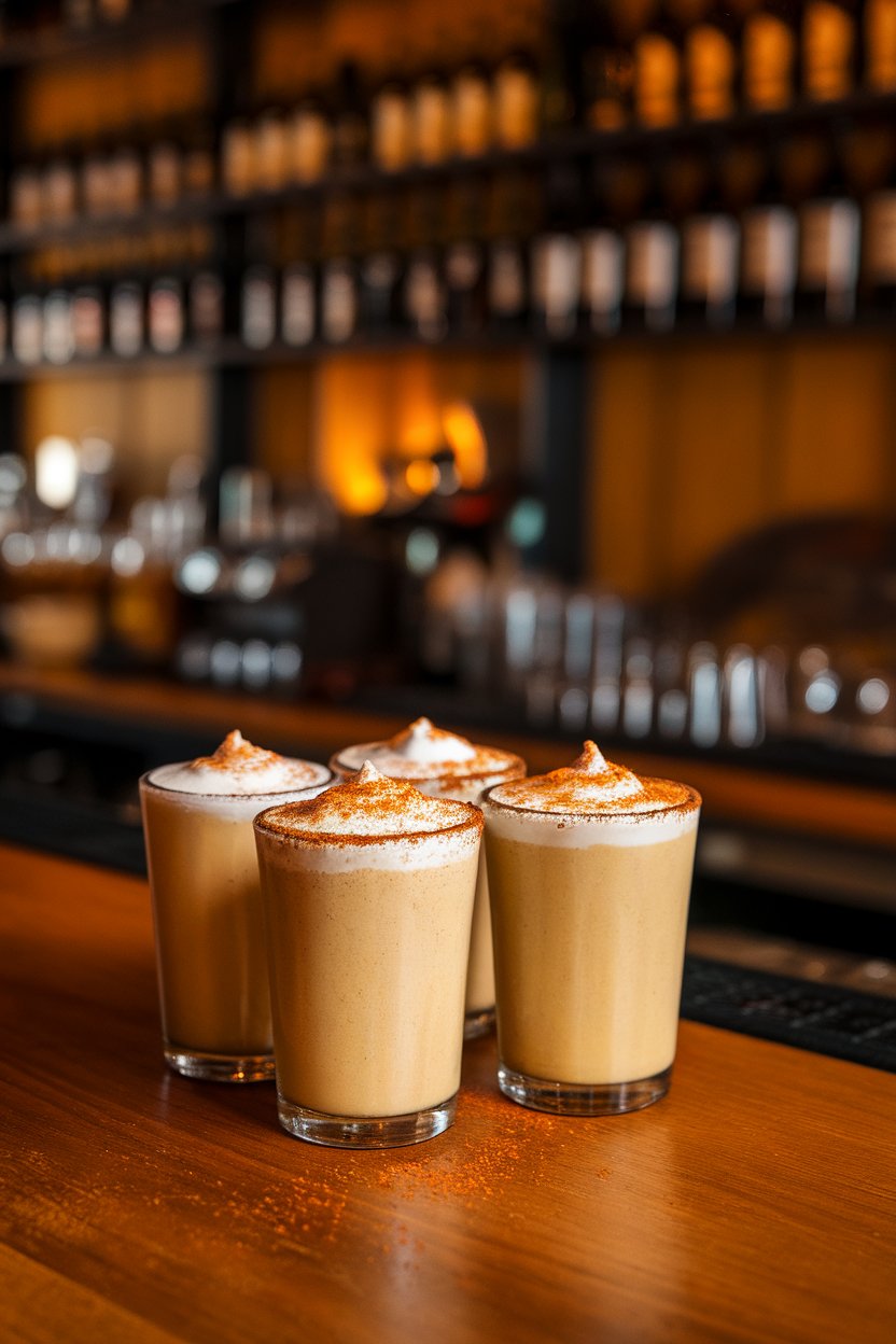Photo of creamy beige shots sprinkled with chai spices, indoor bar; no branding.
