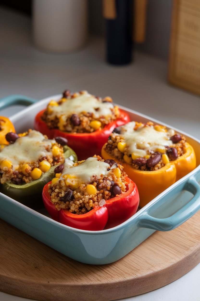A small indoor casserole dish showing halved bell peppers filled with quinoa, black beans, and corn, cheese melted on top. No text or logos anywhere.