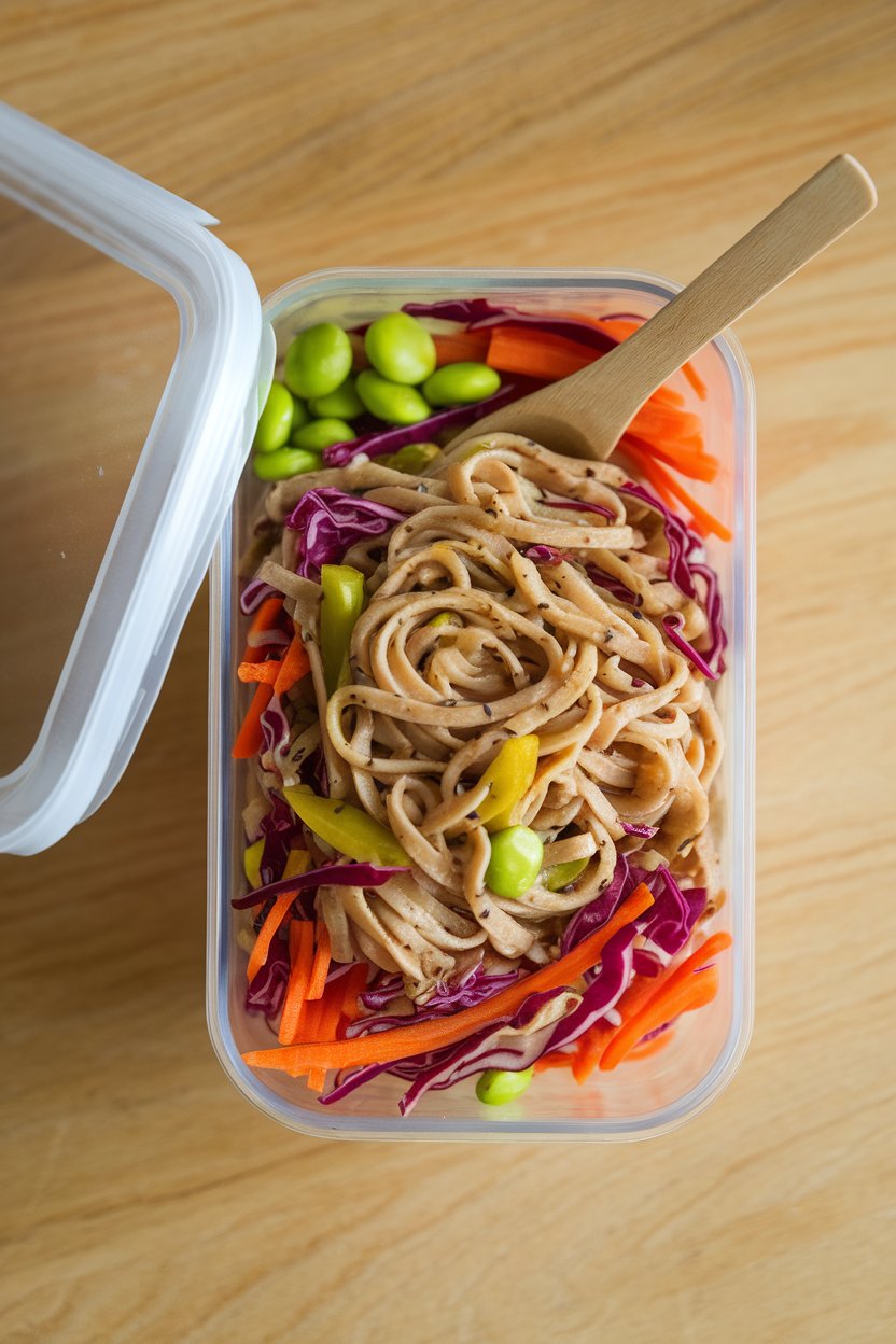 An overhead indoor shot of a meal-prep box containing buckwheat soba noodles tossed with red cabbage, carrots, edamame, and bell peppers in a light sesame dressing. No text or logos.