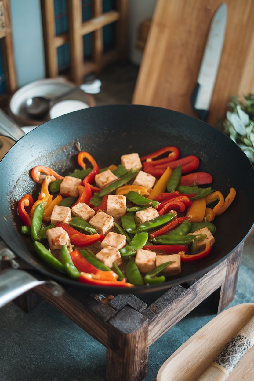 Indoor wok scene showing colorful bell peppers, snap peas, and tofu cubes glazed in a glossy peanut-ginger sauce. Photo only, no text or logos.