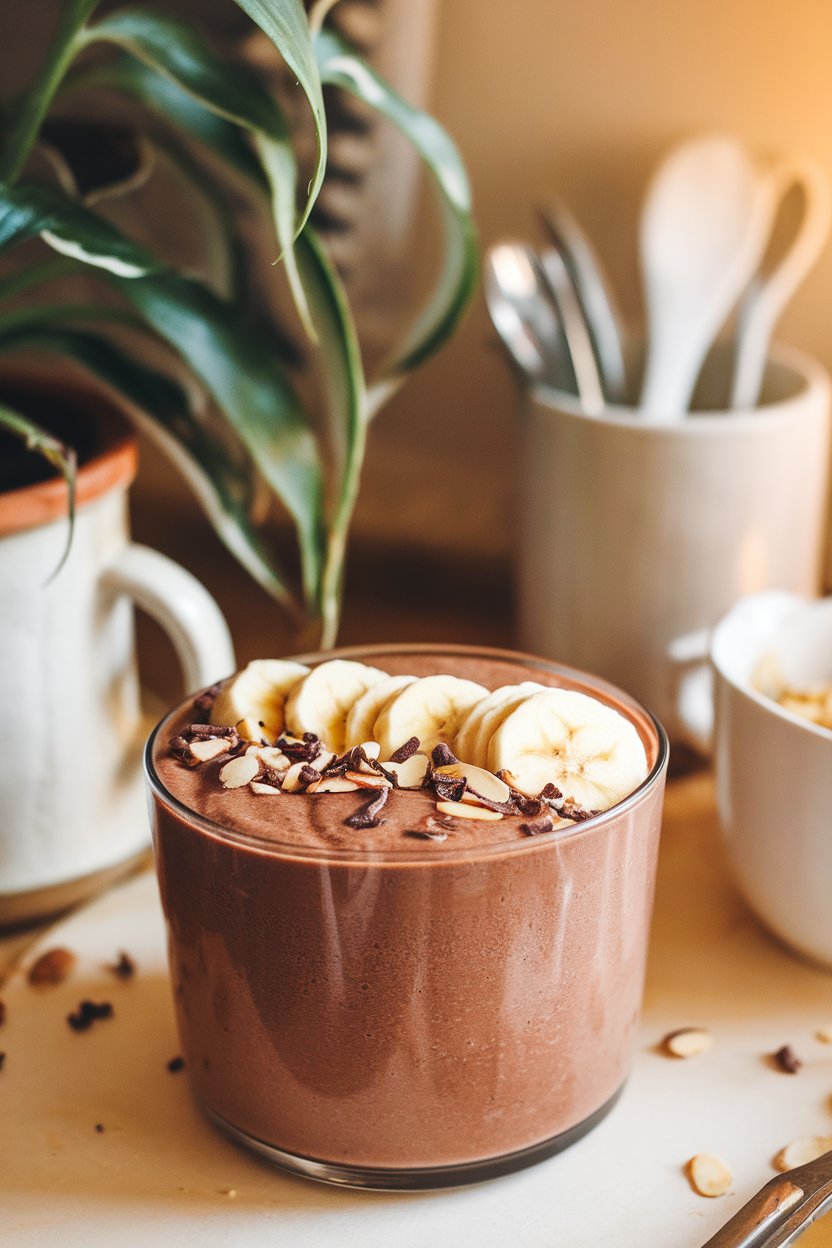 An indoor breakfast nook displaying a thick chocolate smoothie bowl topped with sliced banana, almond slivers, and cacao nibs. No text or logos; photo, not illustration.