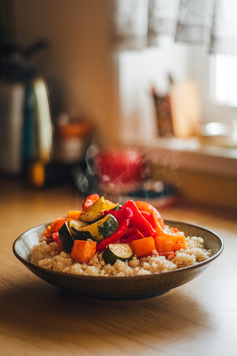 A warmly lit indoor kitchen table with a shallow bowl of fluffy quinoa topped with roasted bell peppers, zucchini, and sweet-potato cubes; a drizzle of olive oil glistens on the vegetables, steam faintly visible; photo, no text or logos.