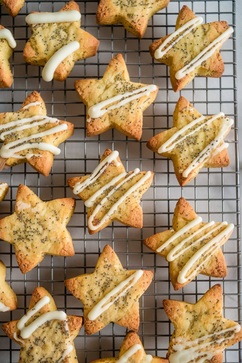 Star-shaped lemon biscotti studded with poppy seeds on an indoor wire rack, light drizzle of white chocolate. No logos.