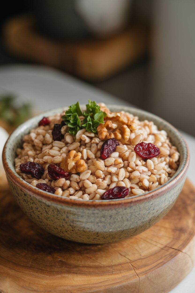 A ceramic bowl of nutty farro mixed with cranberries and walnuts, parsley sprinkled on top, indoors; no text or logos, photo only