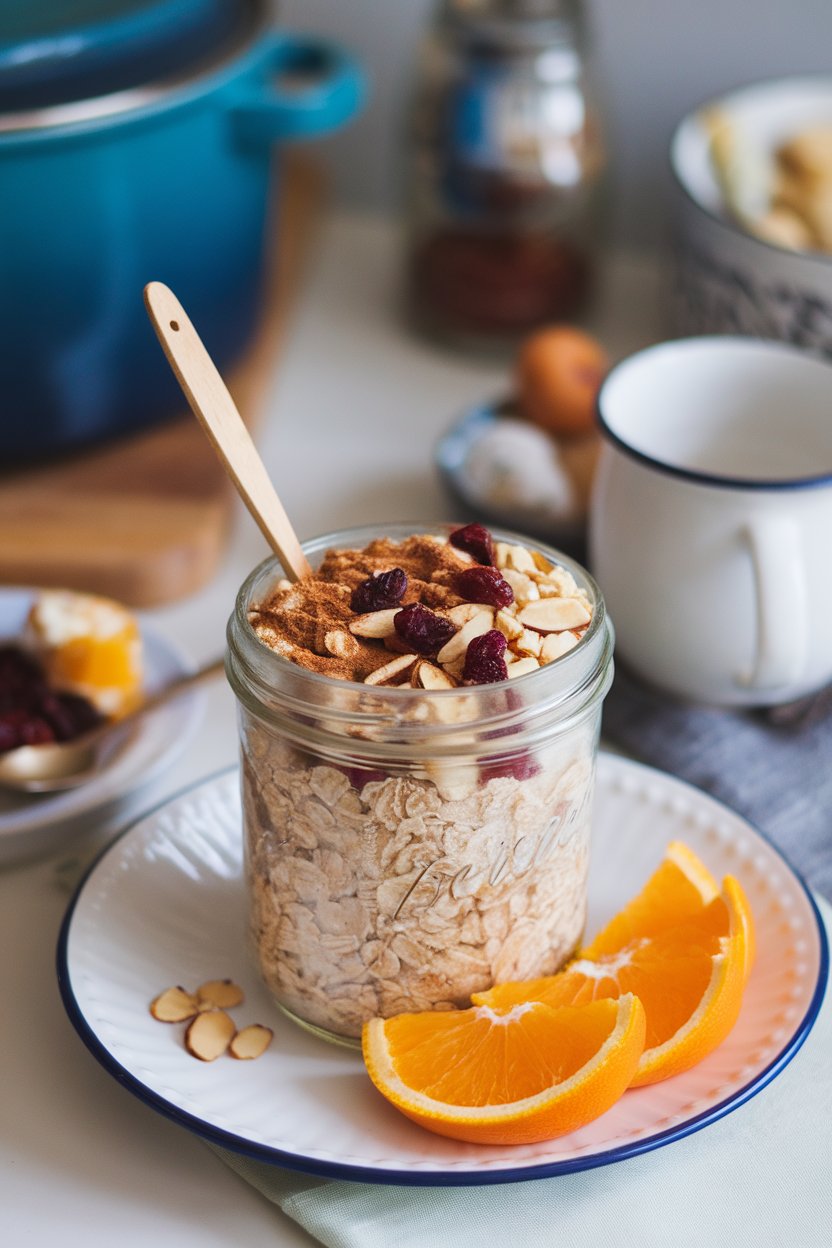 Cozy indoor breakfast scene of a jar filled with oats, chopped almonds, dried cranberries, and a dusting of cinnamon. No branding. Photo not illustration.