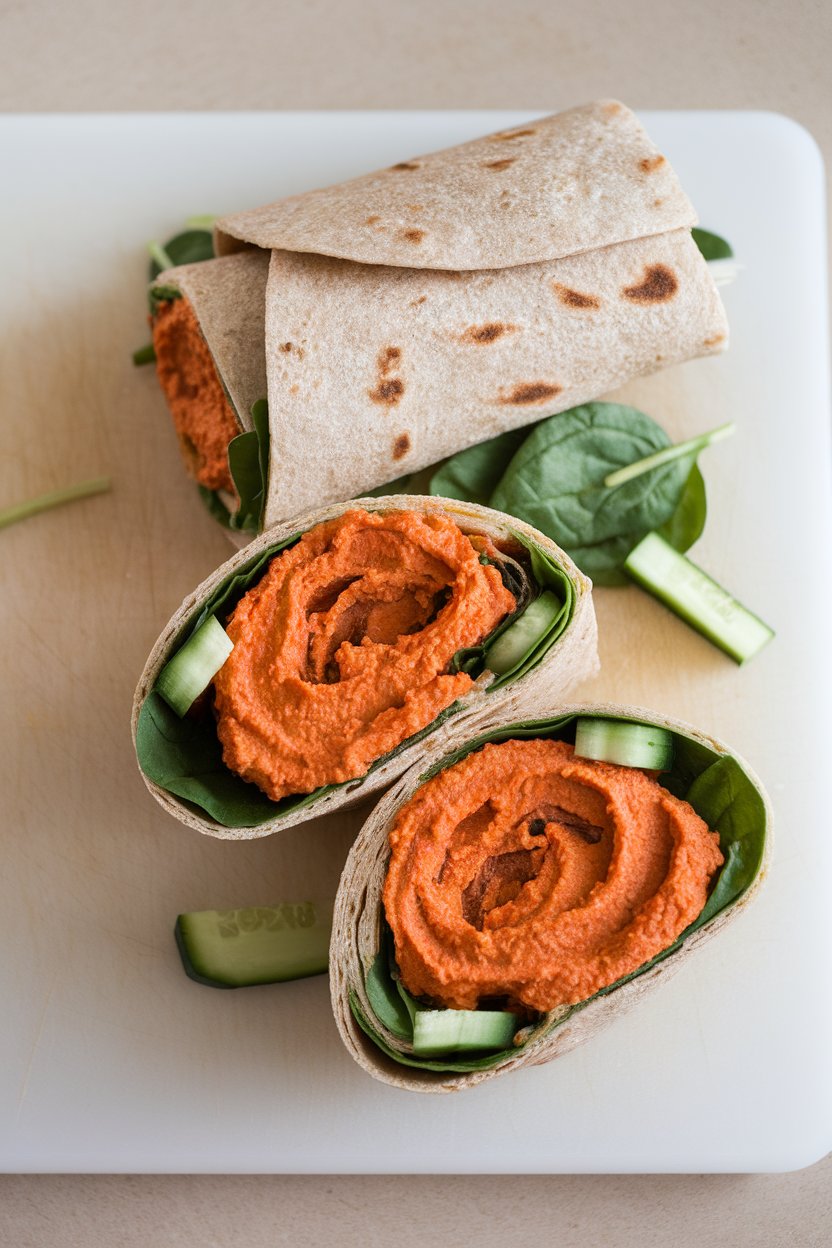 Indoor cutting board with whole-wheat wraps rolled around roasted red pepper hummus, cucumber sticks, and baby spinach, halves showing colorful cross-section. Photo only, no text or logos.