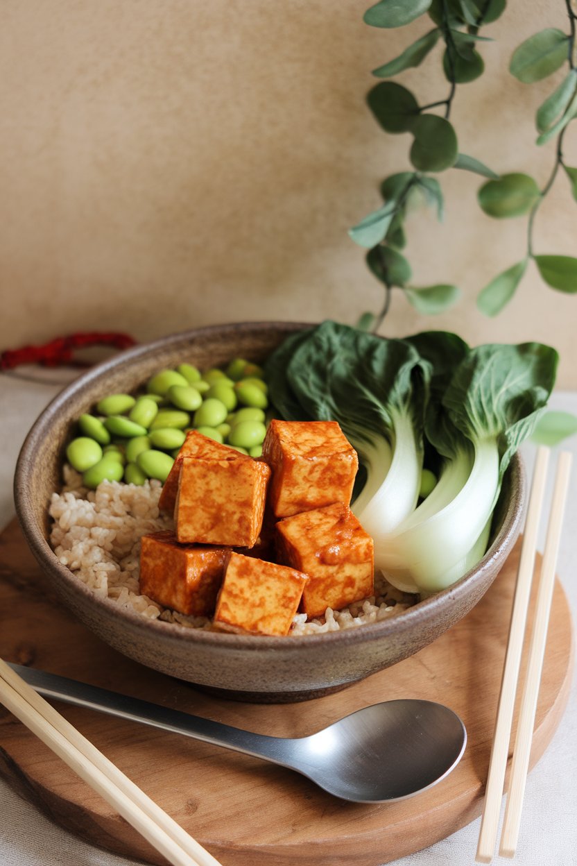 Indoor photo of a ceramic bowl holding cubed baked tofu glazed with miso, shelled edamame, brown rice, and steamed bok choy. No text or logos.