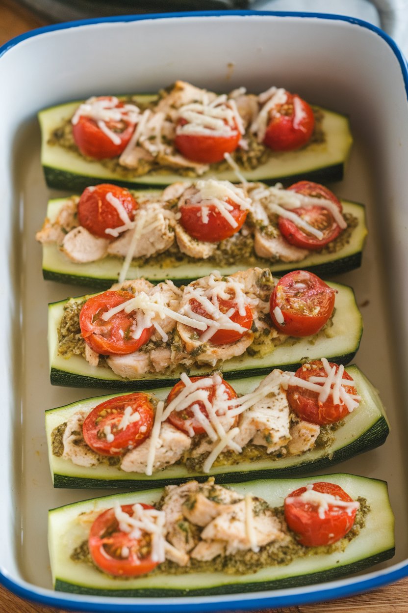 An indoor baking dish lined with zucchini boats stuffed with cooked chicken, pesto, and cherry tomatoes, cheese lightly melted. No logos or text. Photo.