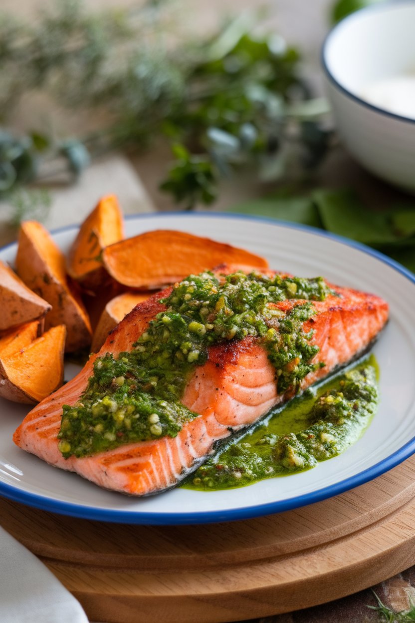 An indoor counter showcasing a plate of grilled-then-served salmon drizzled with vivid green chimichurri, next to roasted sweet potato wedges. No visible logos.