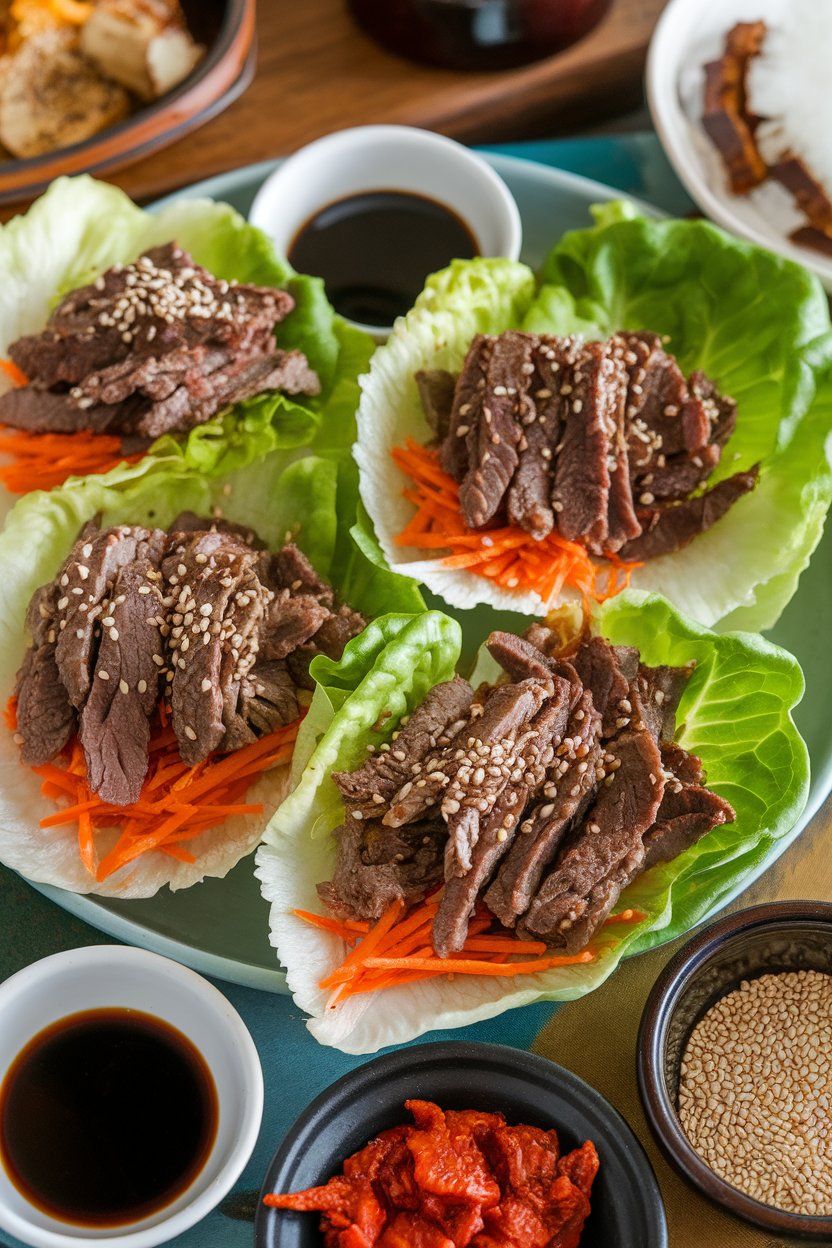 Photo of an indoor platter featuring butter lettuce leaves filled with cooked thin-sliced bulgogi beef, sesame seeds, and shredded carrots; no text or logos