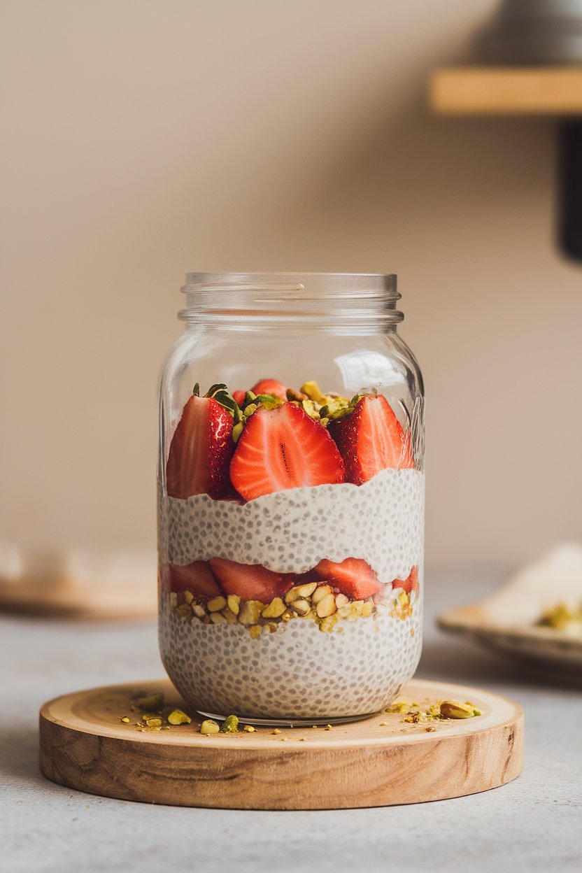 Indoor glass jar layered with vanilla chia pudding, sliced strawberries, and crushed pistachios against a neutral background. No logos or text.