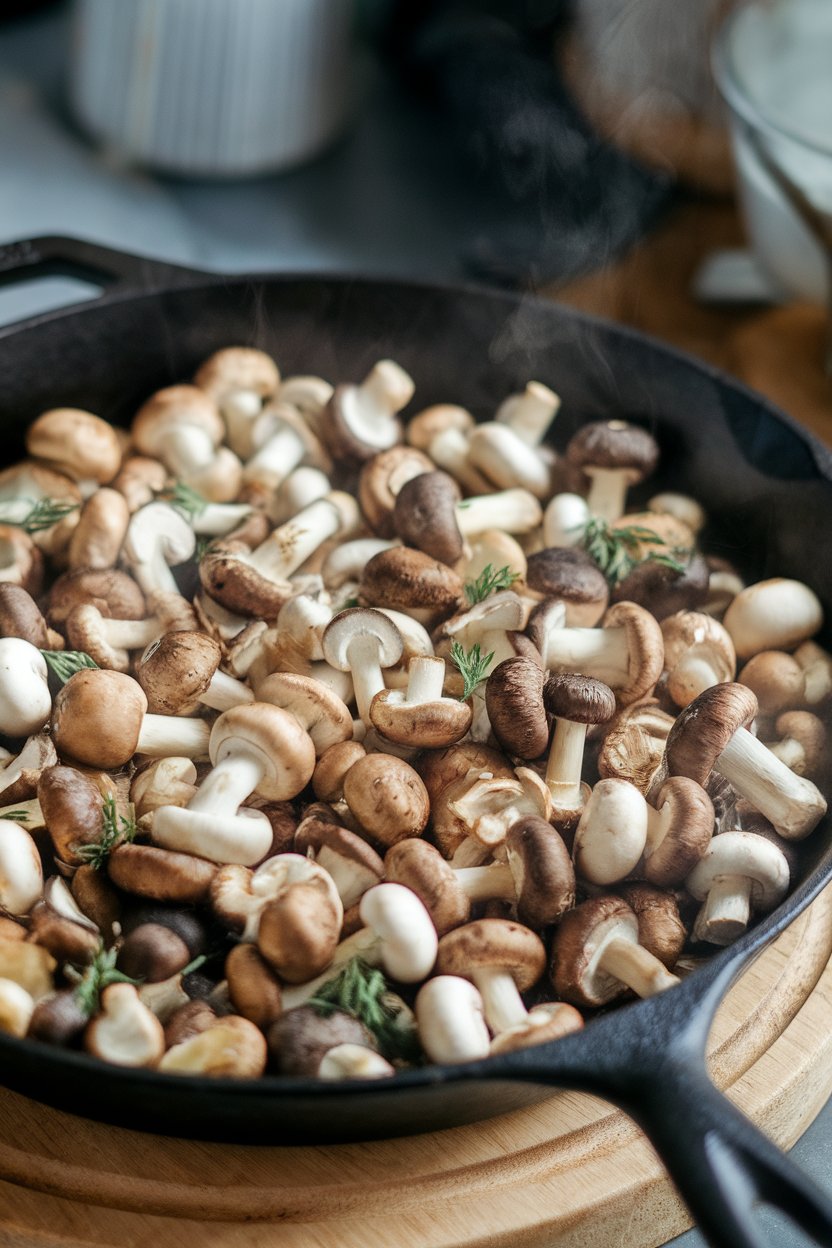 An indoor skillet of sautéed mixed mushrooms with garlic and herbs, steam visible; no text or logos. Photo only.
