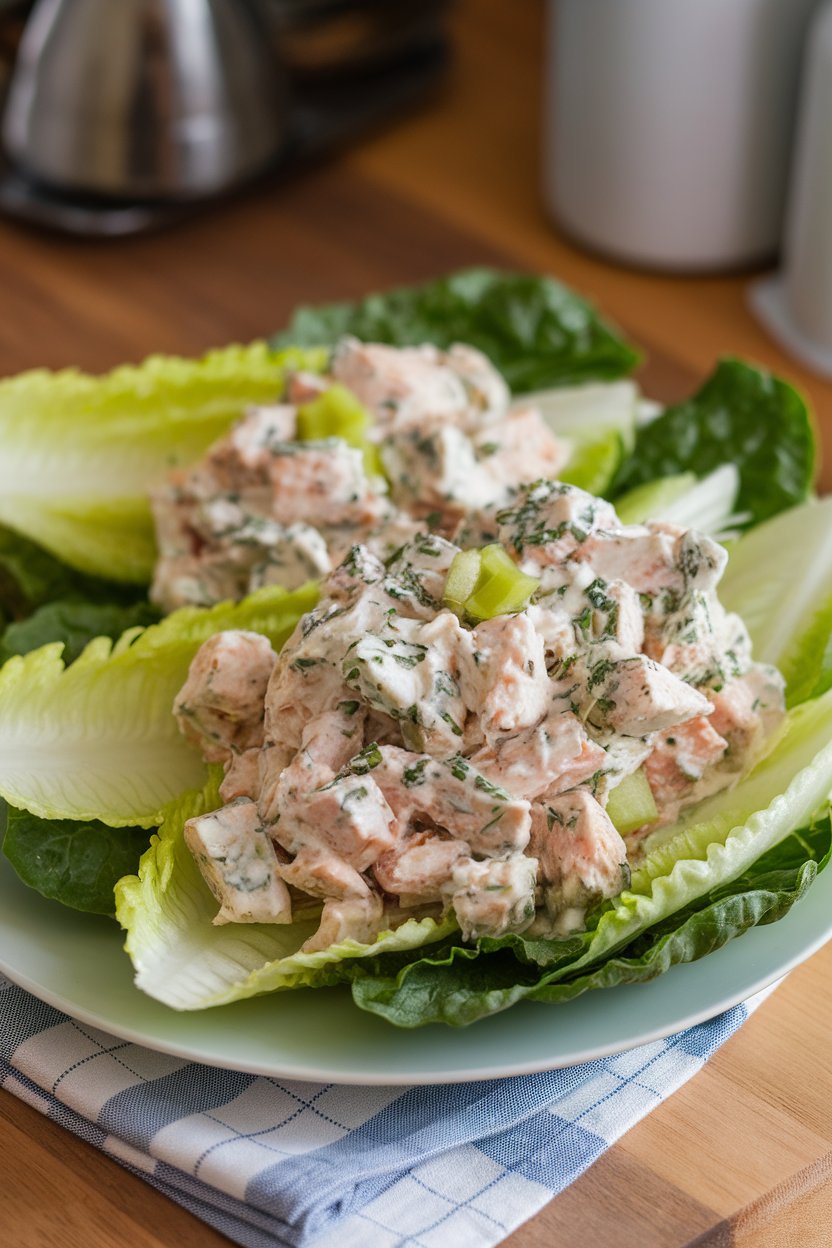 An indoor table with crisp romaine leaves filled with chicken salad made from diced chicken, Greek yogurt, celery, and herbs. No text or branding on plates or napkins.