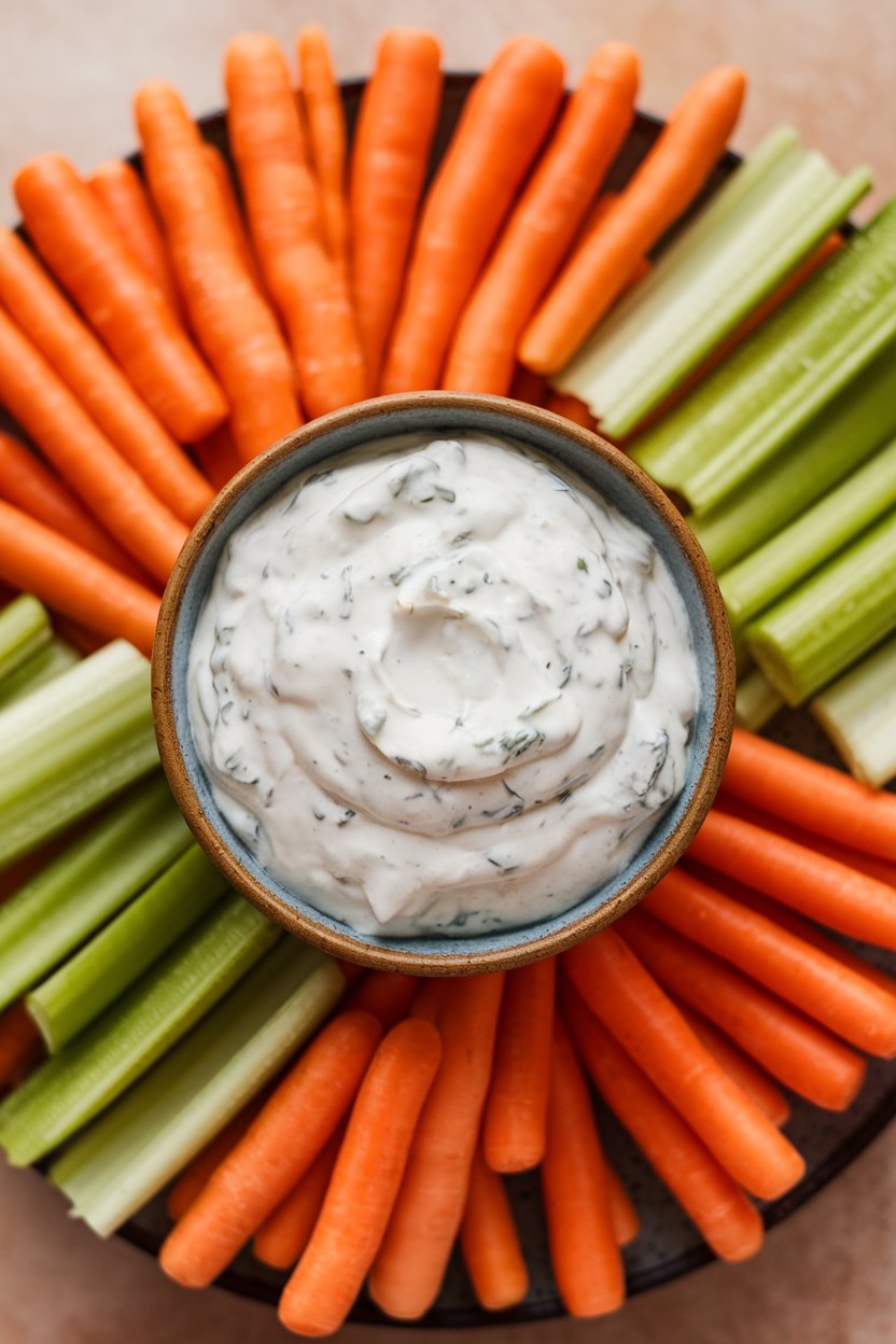 Indoor close-up of a bowl of creamy Greek-yogurt ranch dip surrounded by carrot and celery sticks. Overhead light, no text or logos.