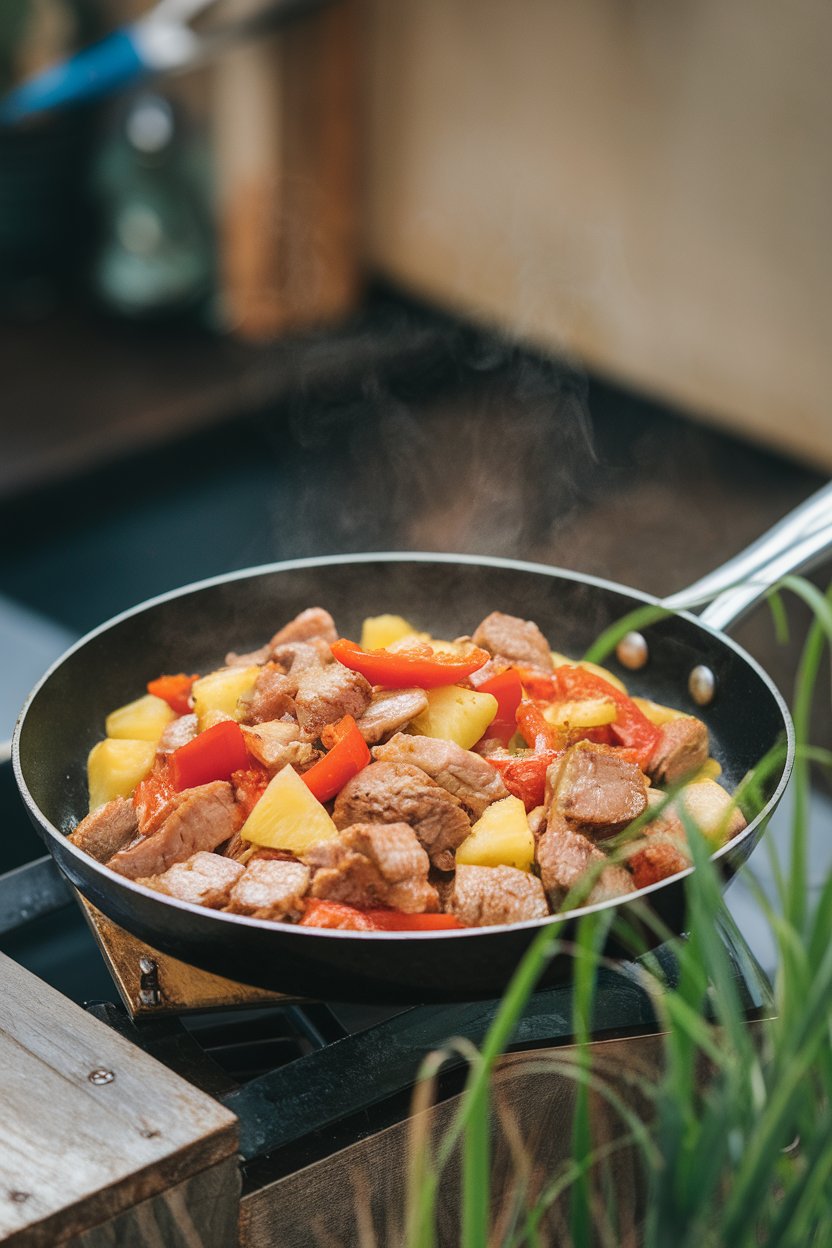 An indoor skillet displaying a pork and pineapple stir-fry with red bell pepper chunks, steam rising; no text or logos.
