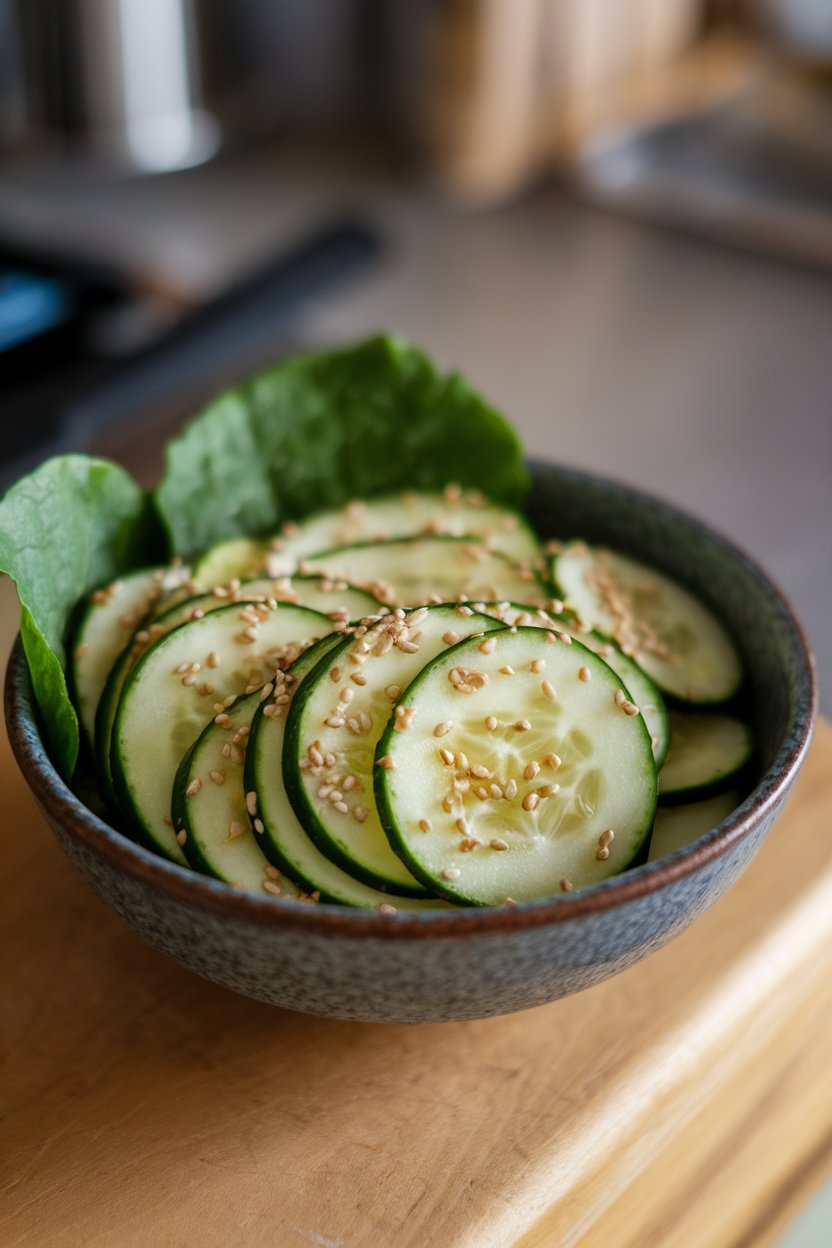 An indoor bowl of thin cucumber rounds dressed with sesame seeds and ginger vinaigrette. No text or logos. Photo, not illustration.