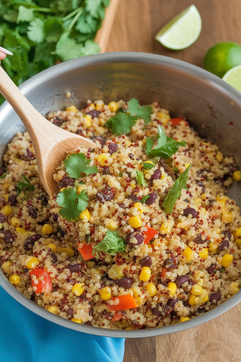 Indoor serving bowl containing colorful quinoa salad with black beans, corn, diced bell pepper, and cilantro, lime wedges nearby. Photo only, no text or logos.