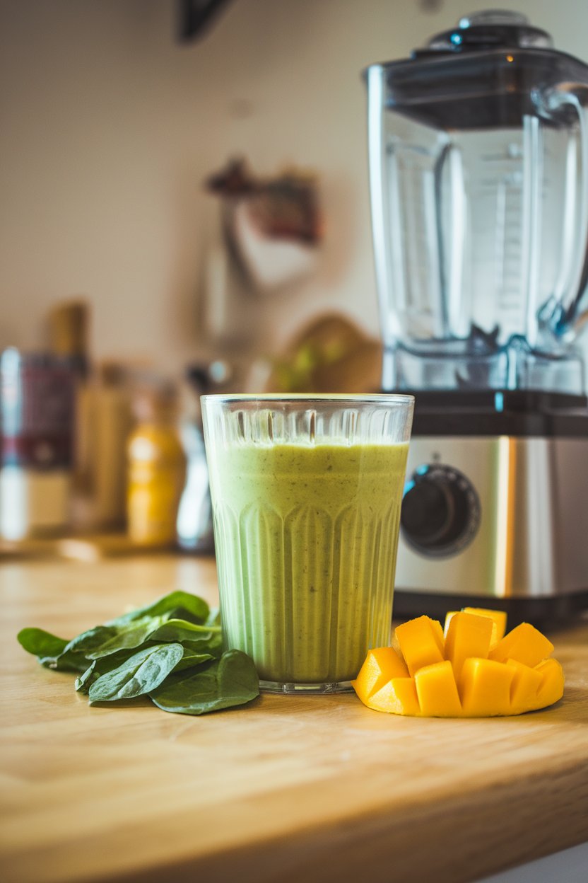 An indoor countertop with a clear blender glass filled with bright green smoothie, a few spinach leaves and mango cubes nearby; photo, no text or logos.