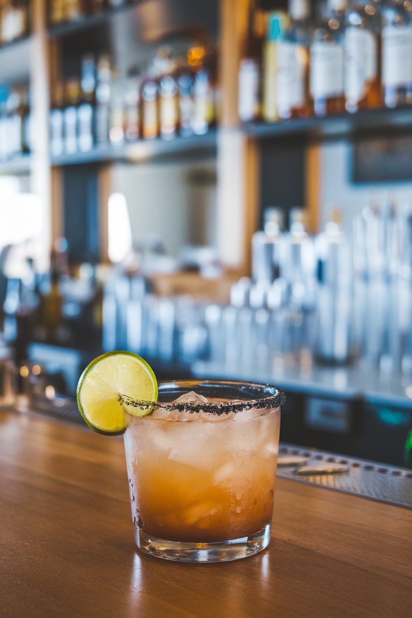 An indoor bar scene with a rocks glass of dark-hued margarita rimmed in black salt, lime wedge perched on the rim. No text or logos.