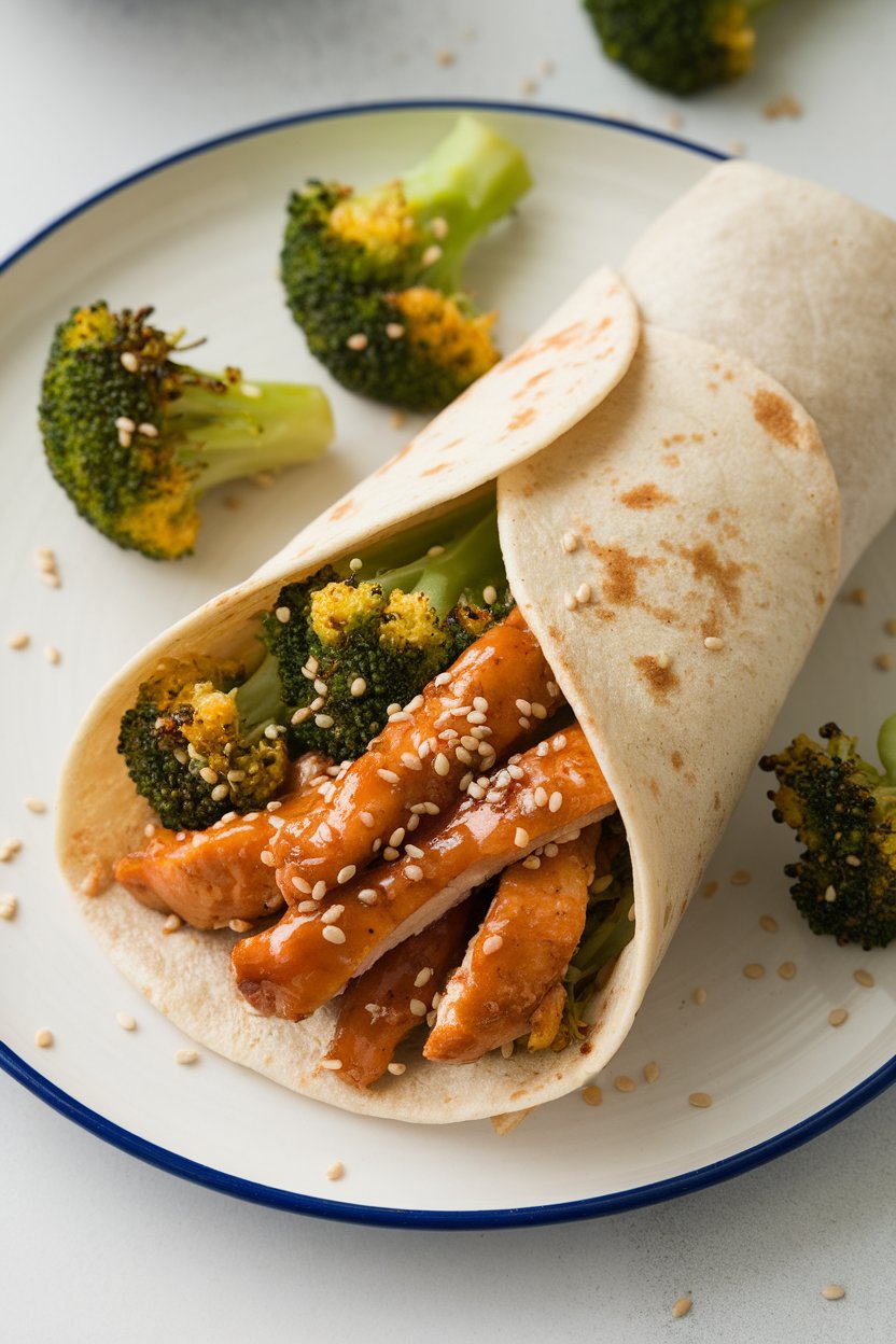 Indoor plate featuring a wrap filled with sesame-glazed chicken strips and crisp steamed broccoli florets, sprinkled with sesame seeds. No branding present.